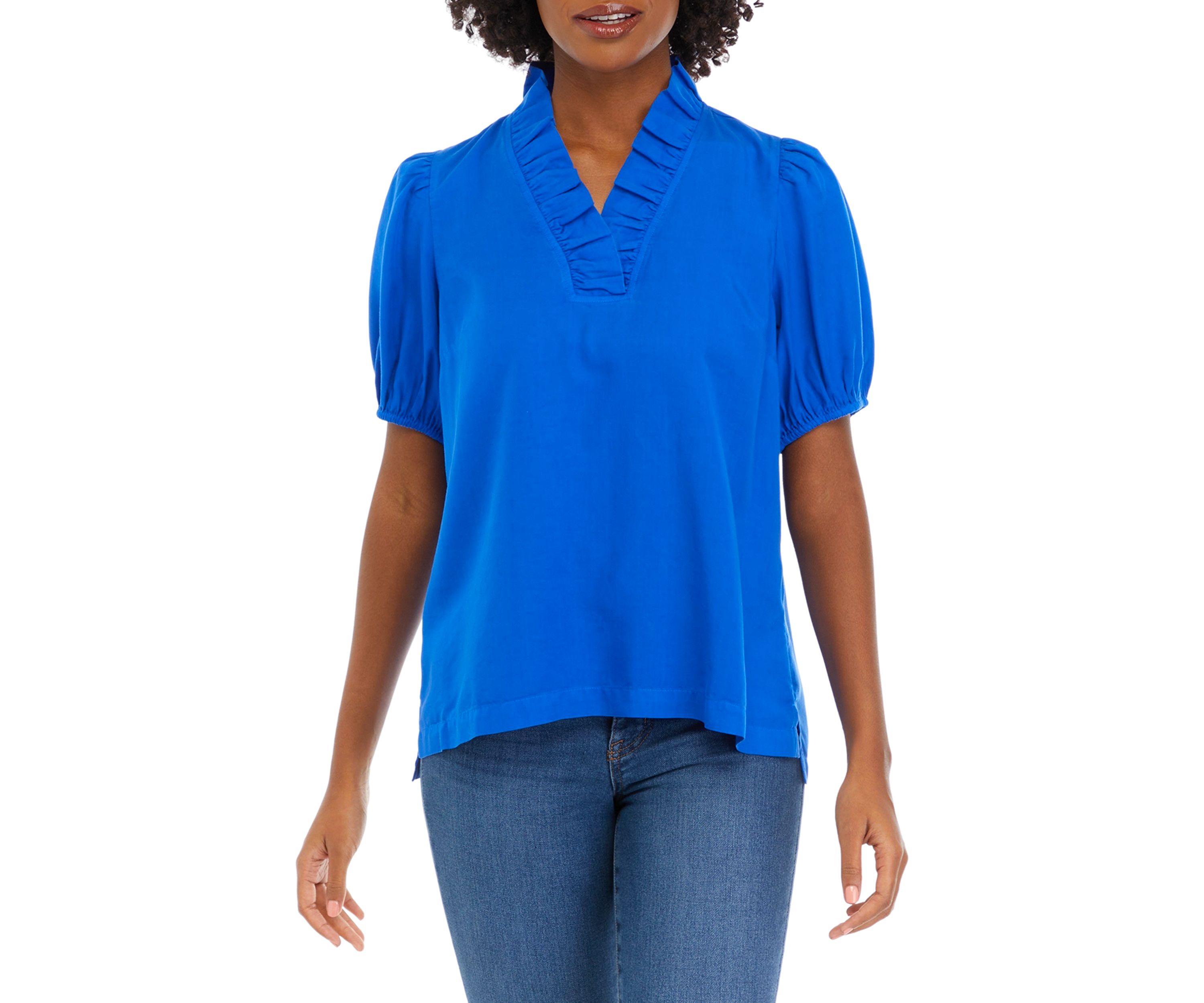 Womens Solid Ruffle Neck Top