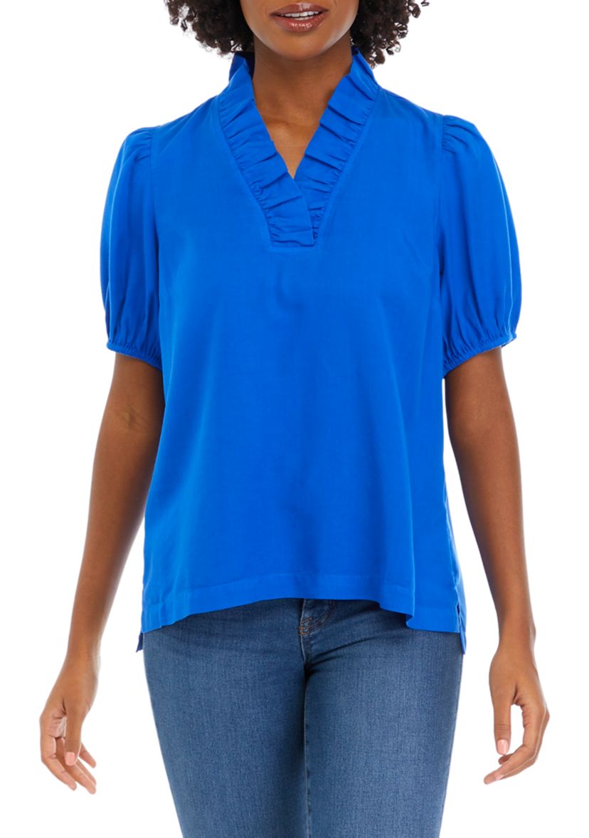 Womens Solid Ruffle Neck Top