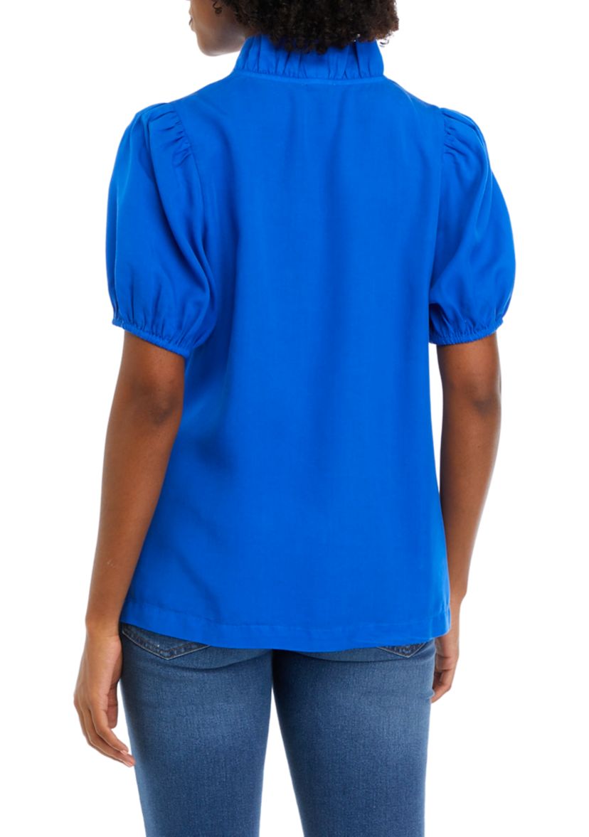 Womens Solid Ruffle Neck Top