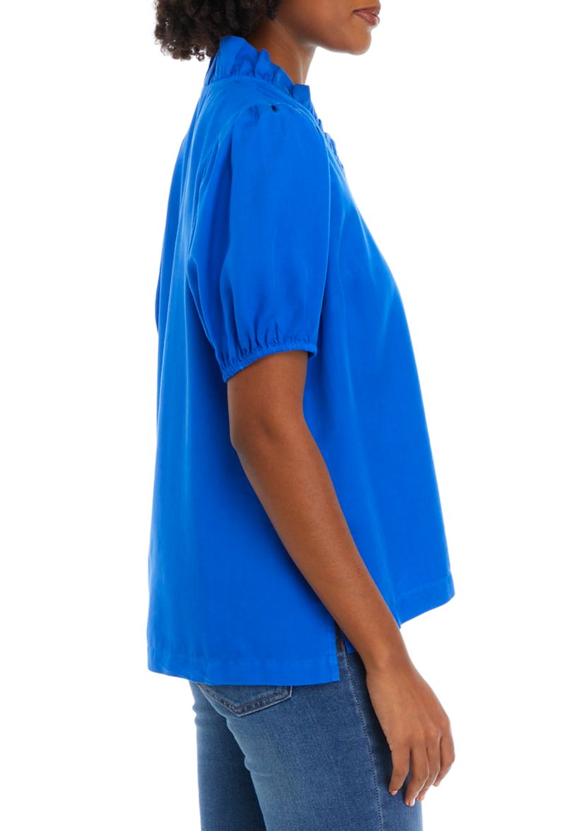 Womens Solid Ruffle Neck Top