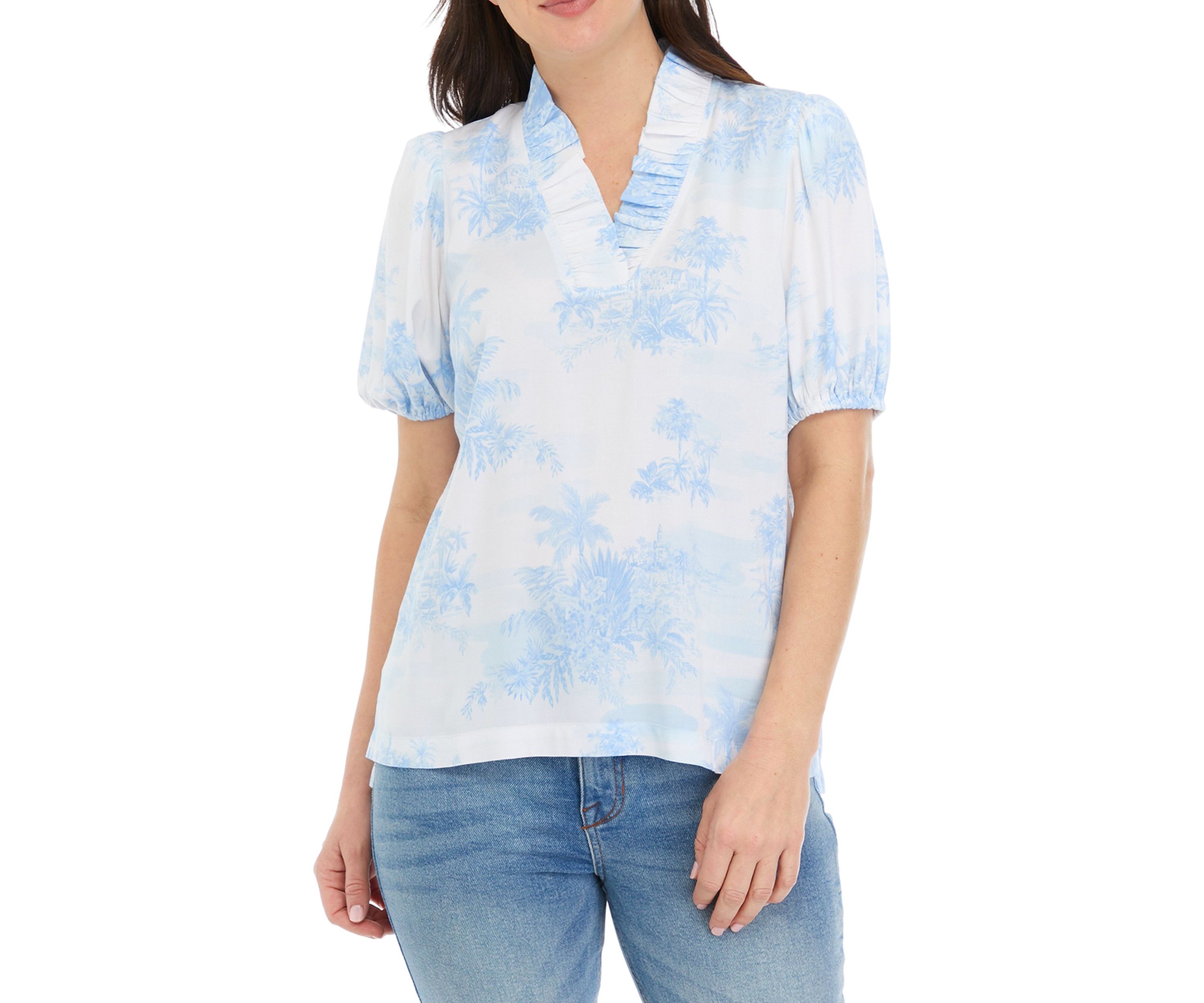 Womens Short Puff Sleeve Ruffle Neck Top