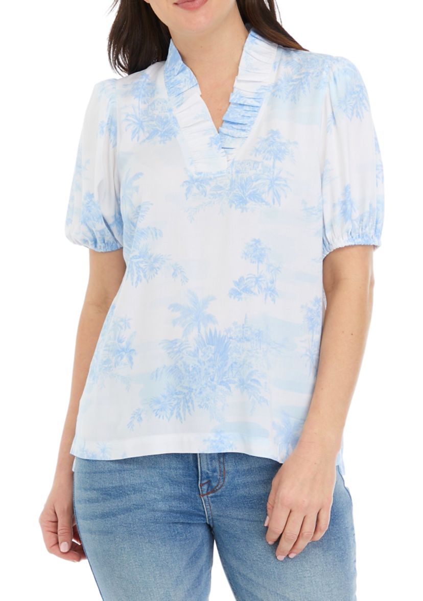 Womens Short Puff Sleeve Ruffle Neck Top