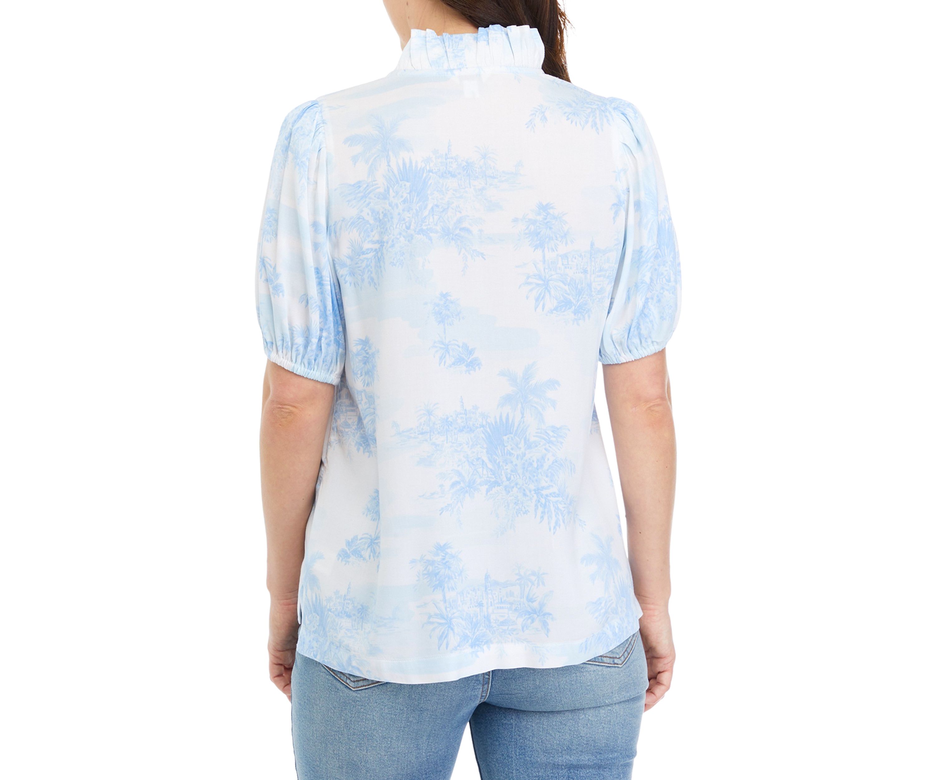 Womens Short Puff Sleeve Ruffle Neck Top