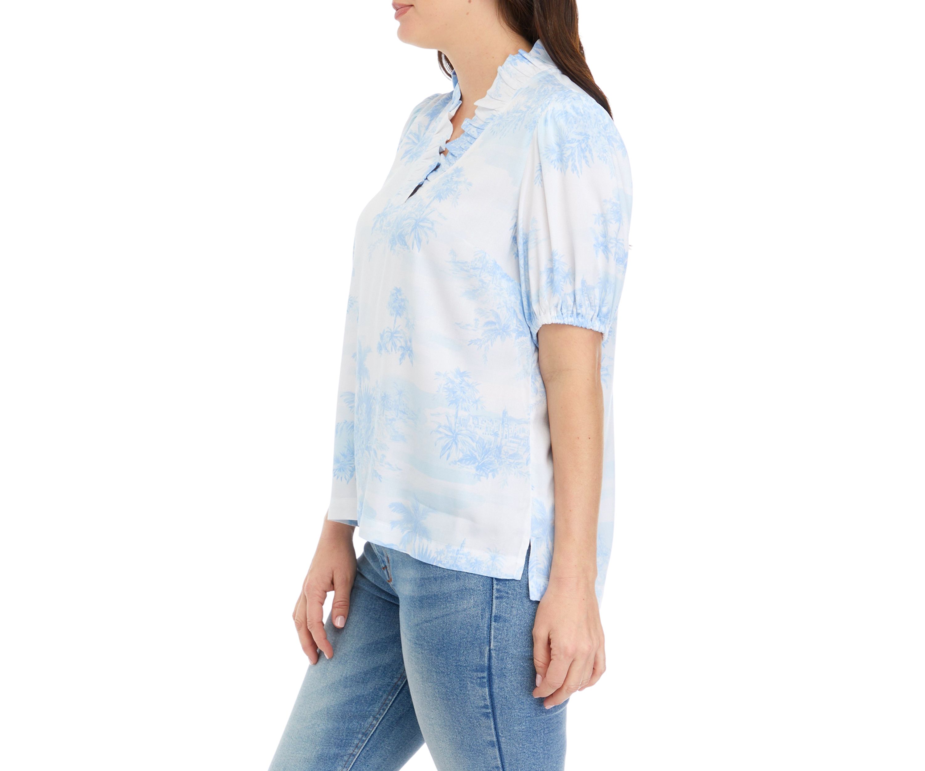 Womens Short Puff Sleeve Ruffle Neck Top