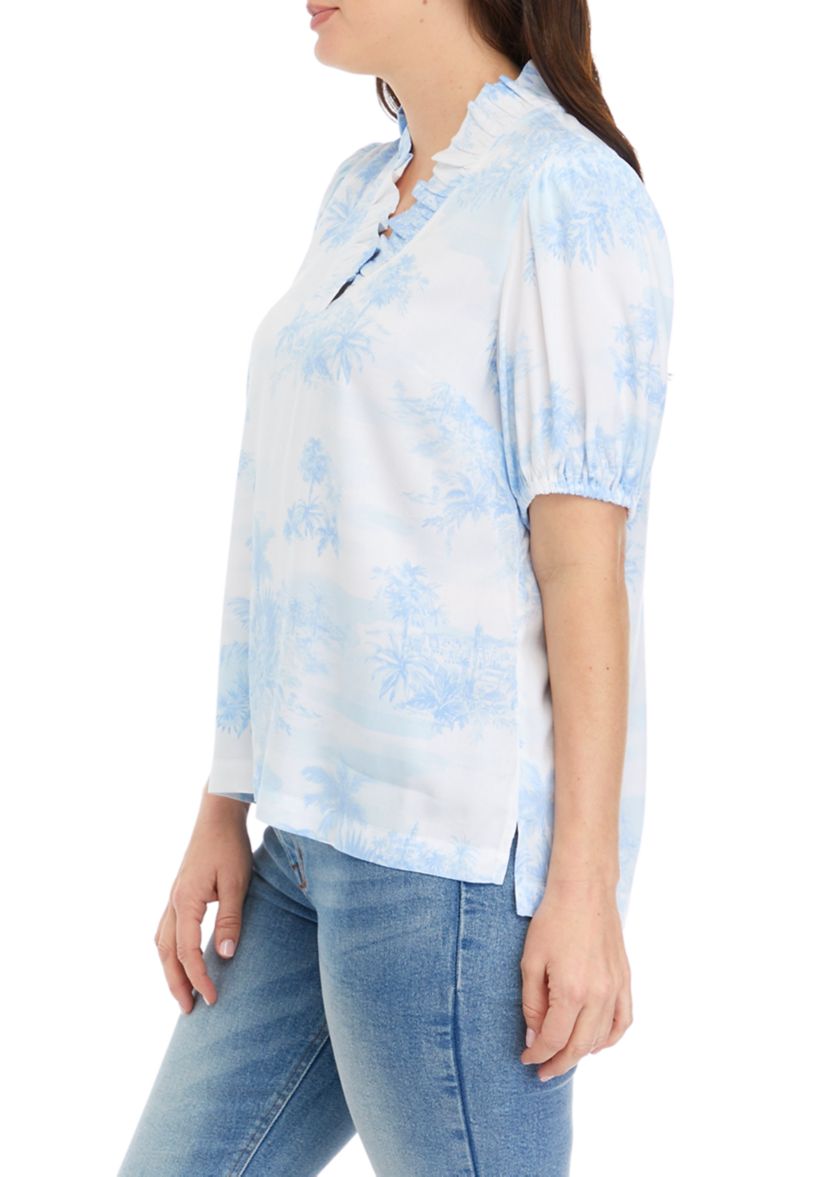 Womens Short Puff Sleeve Ruffle Neck Top