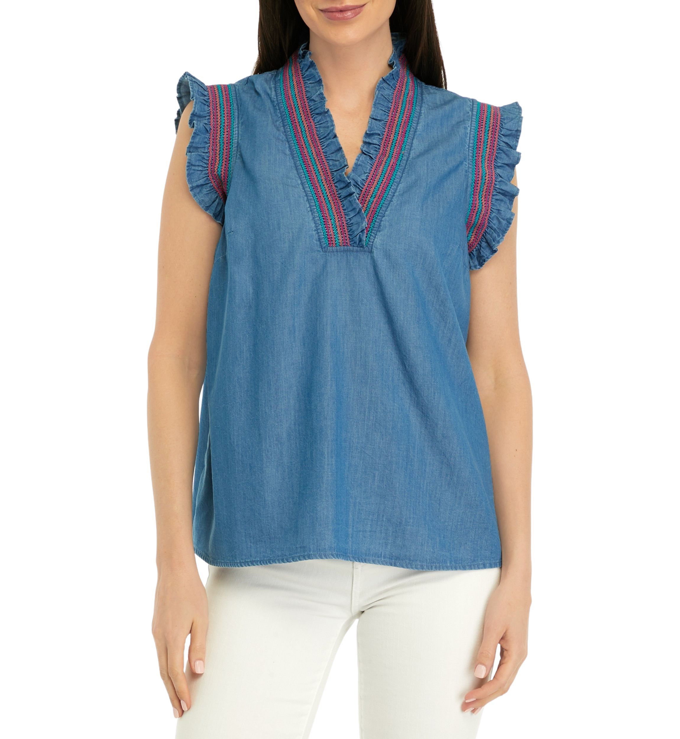 Womens Smocked Ruffle Neck Top