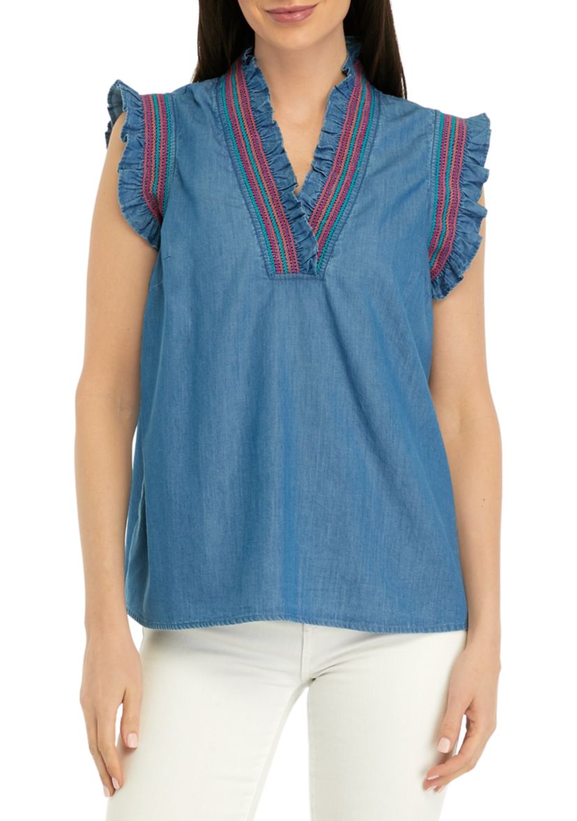Womens Smocked Ruffle Neck Top