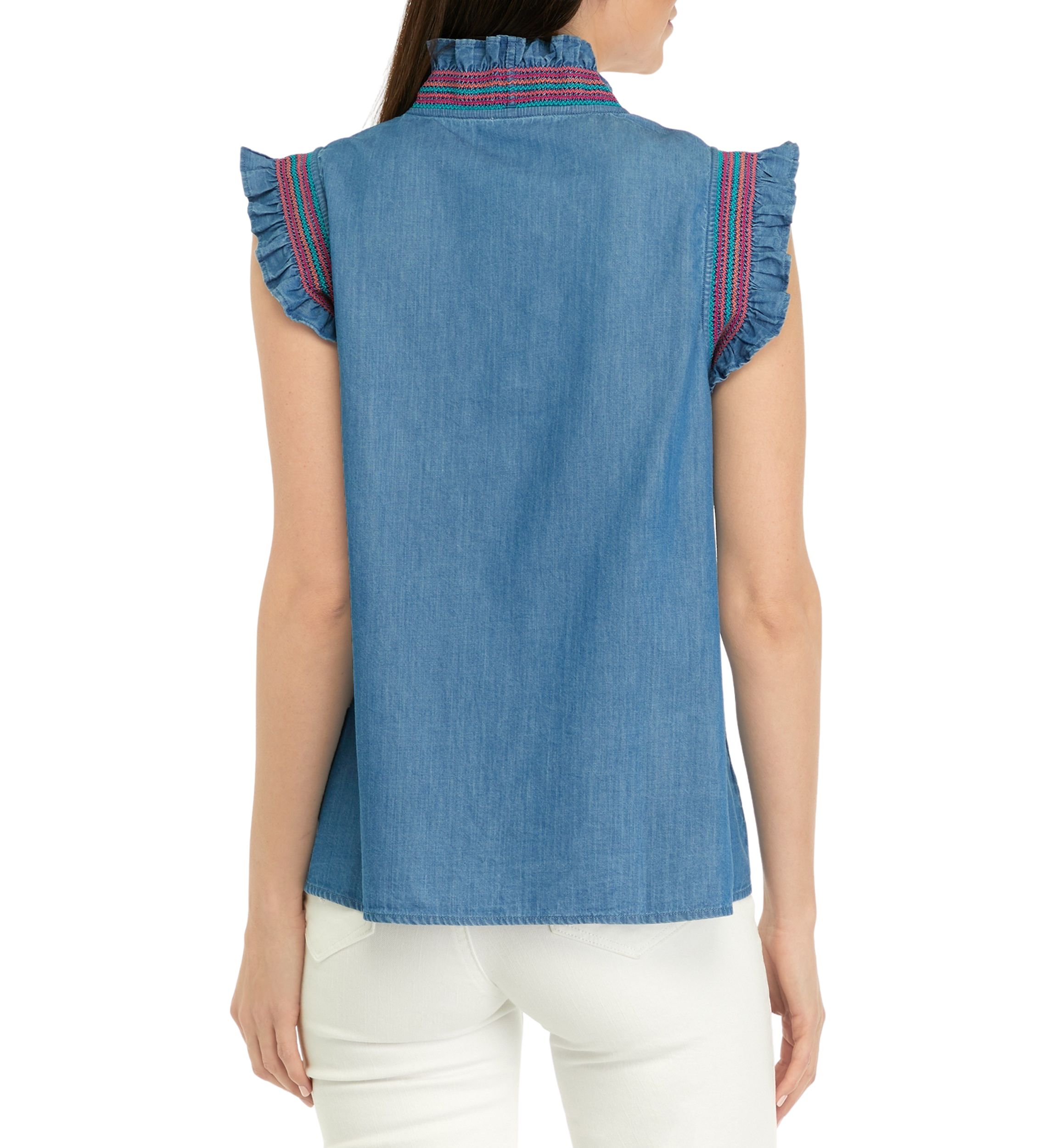 Womens Smocked Ruffle Neck Top