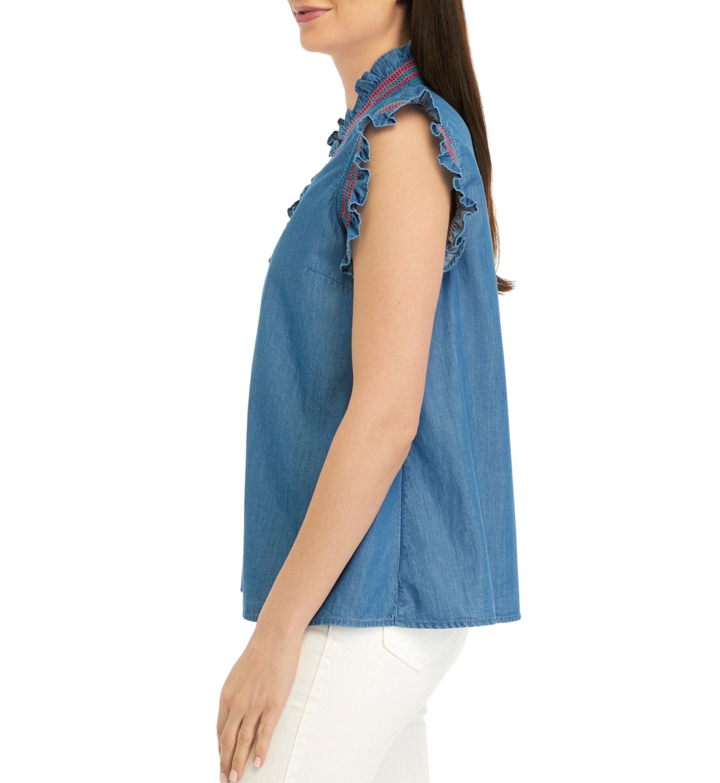 Womens Smocked Ruffle Neck Top