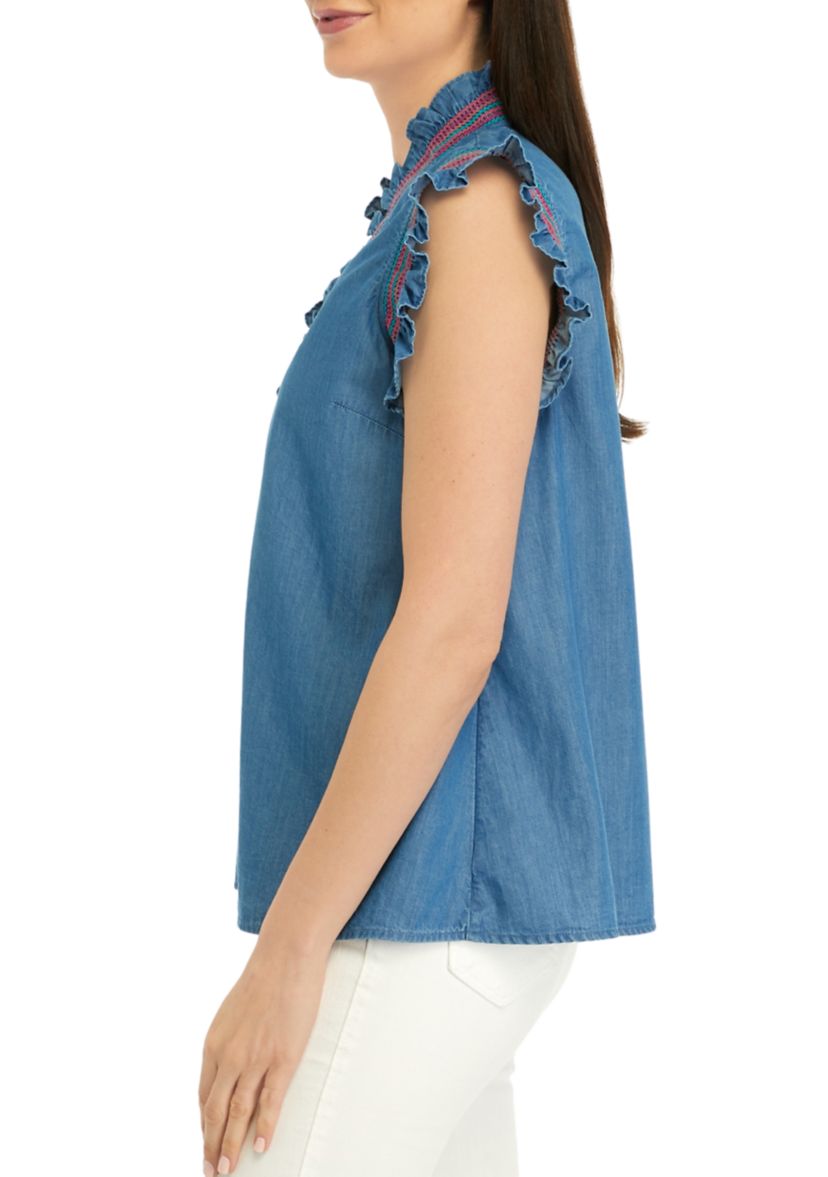 Womens Smocked Ruffle Neck Top