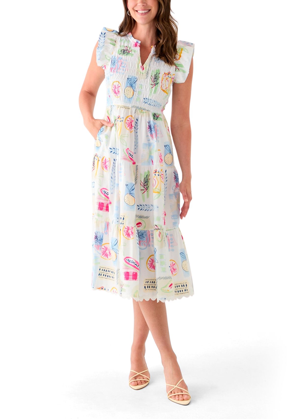 Womens Smocked Split Neck Dress
