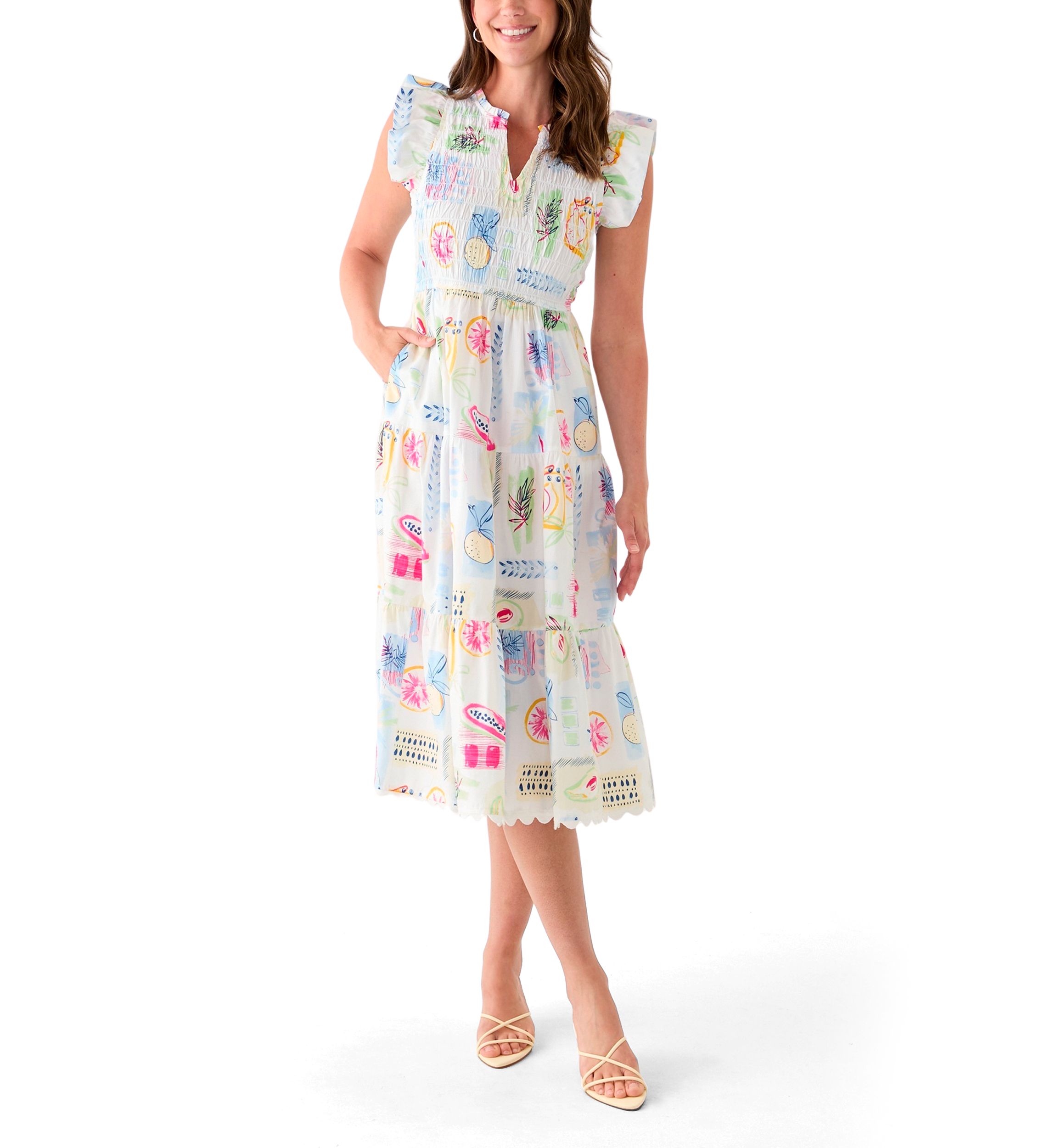Womens Smocked Split Neck Dress