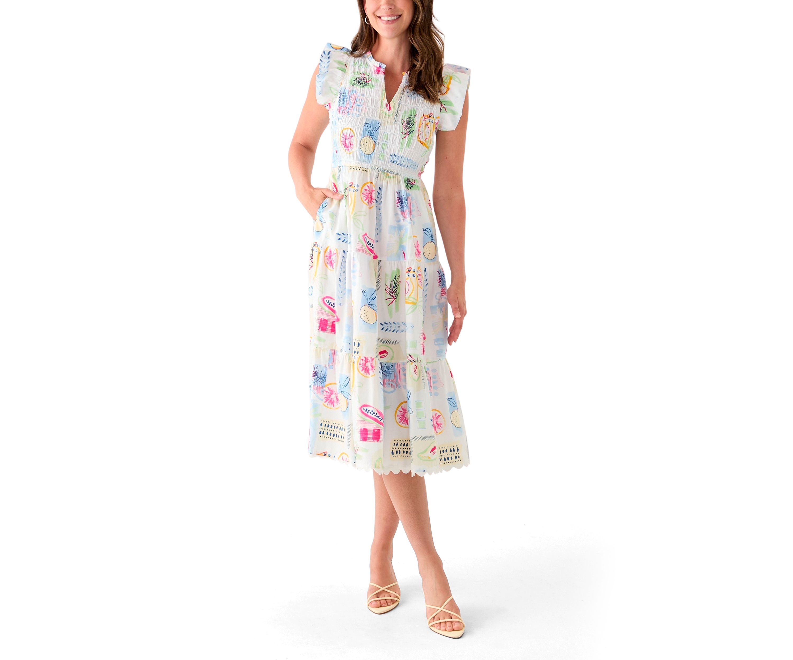 Womens Smocked Split Neck Dress
