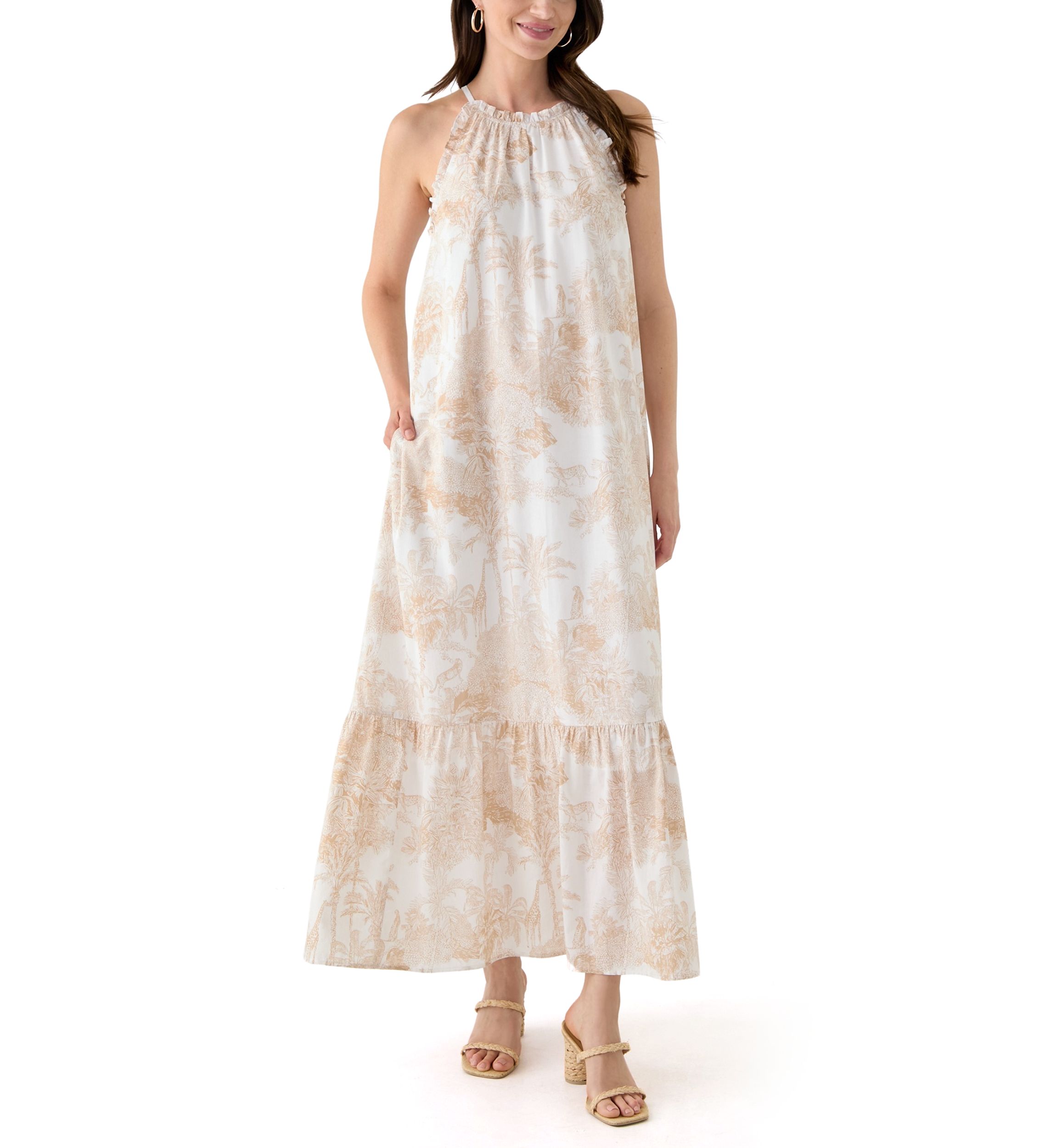 Womens Sleeveless Halter Printed Maxi Dress