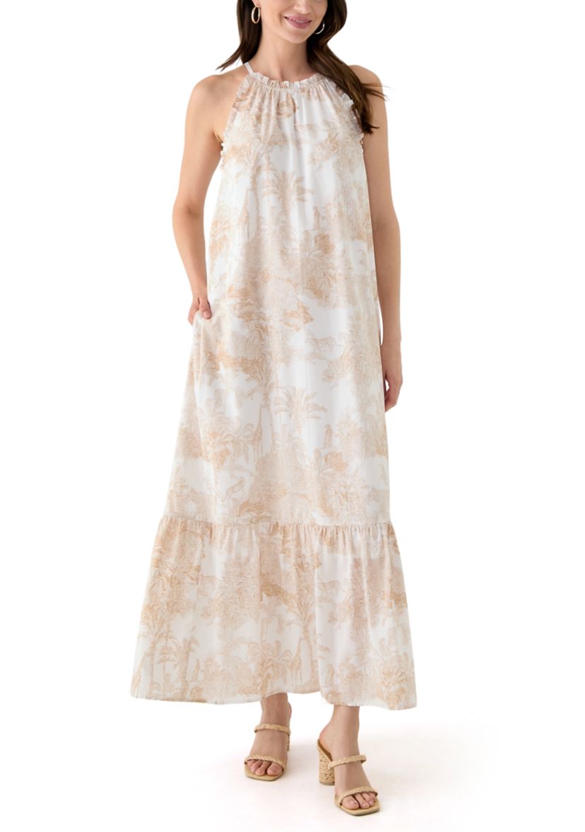 Womens Sleeveless Halter Printed Maxi Dress