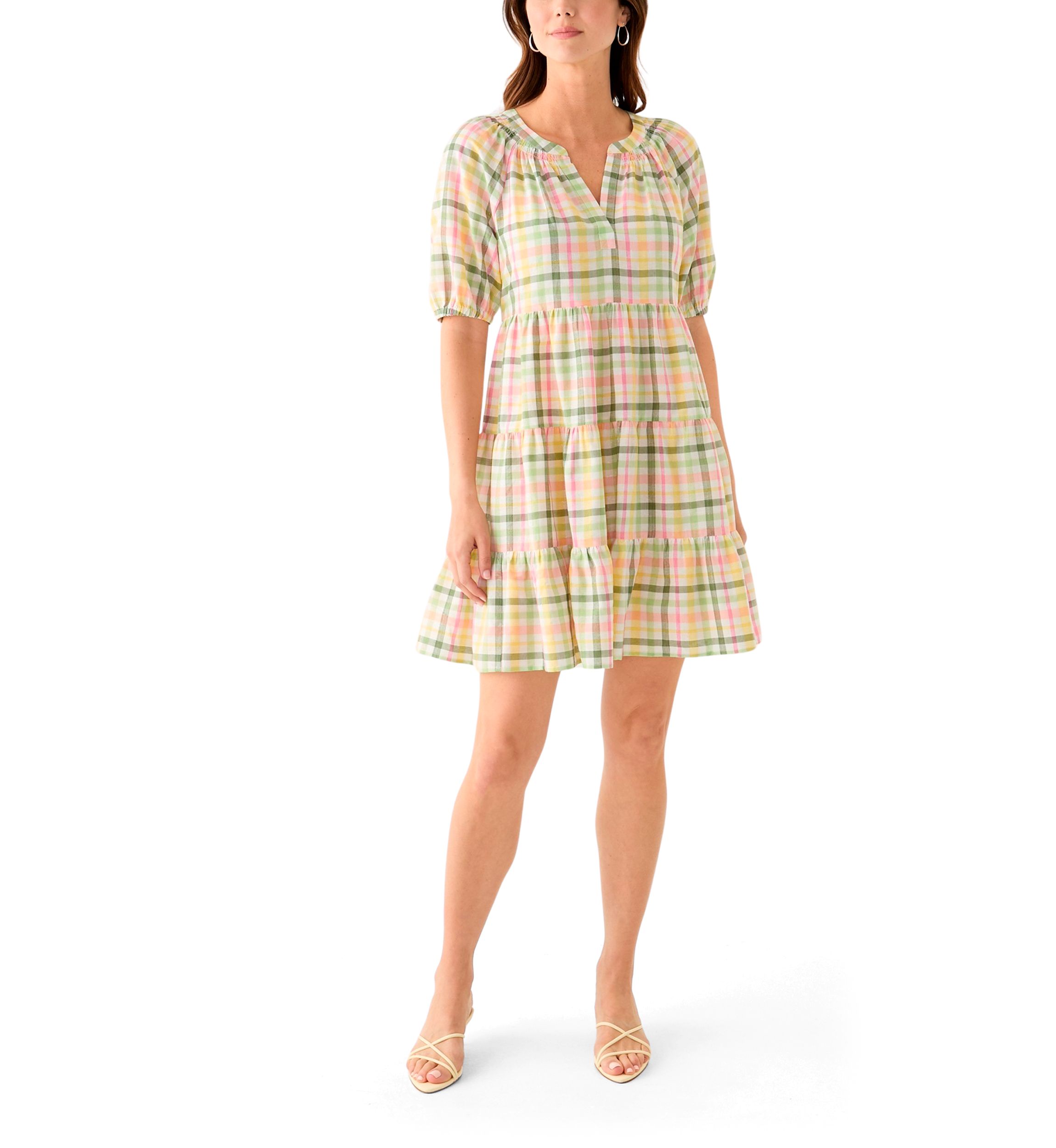 Womens Multi Plaid Printed Peasant Dress