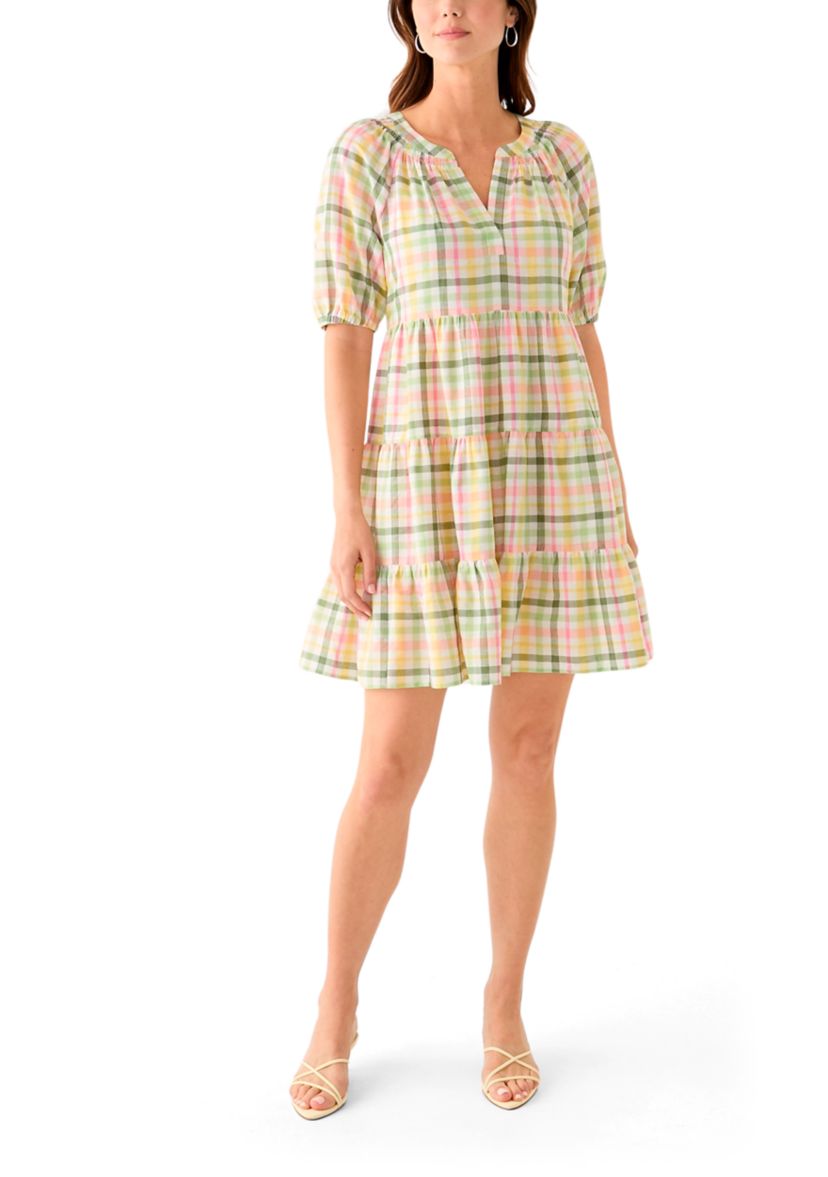 Womens Multi Plaid Printed Peasant Dress