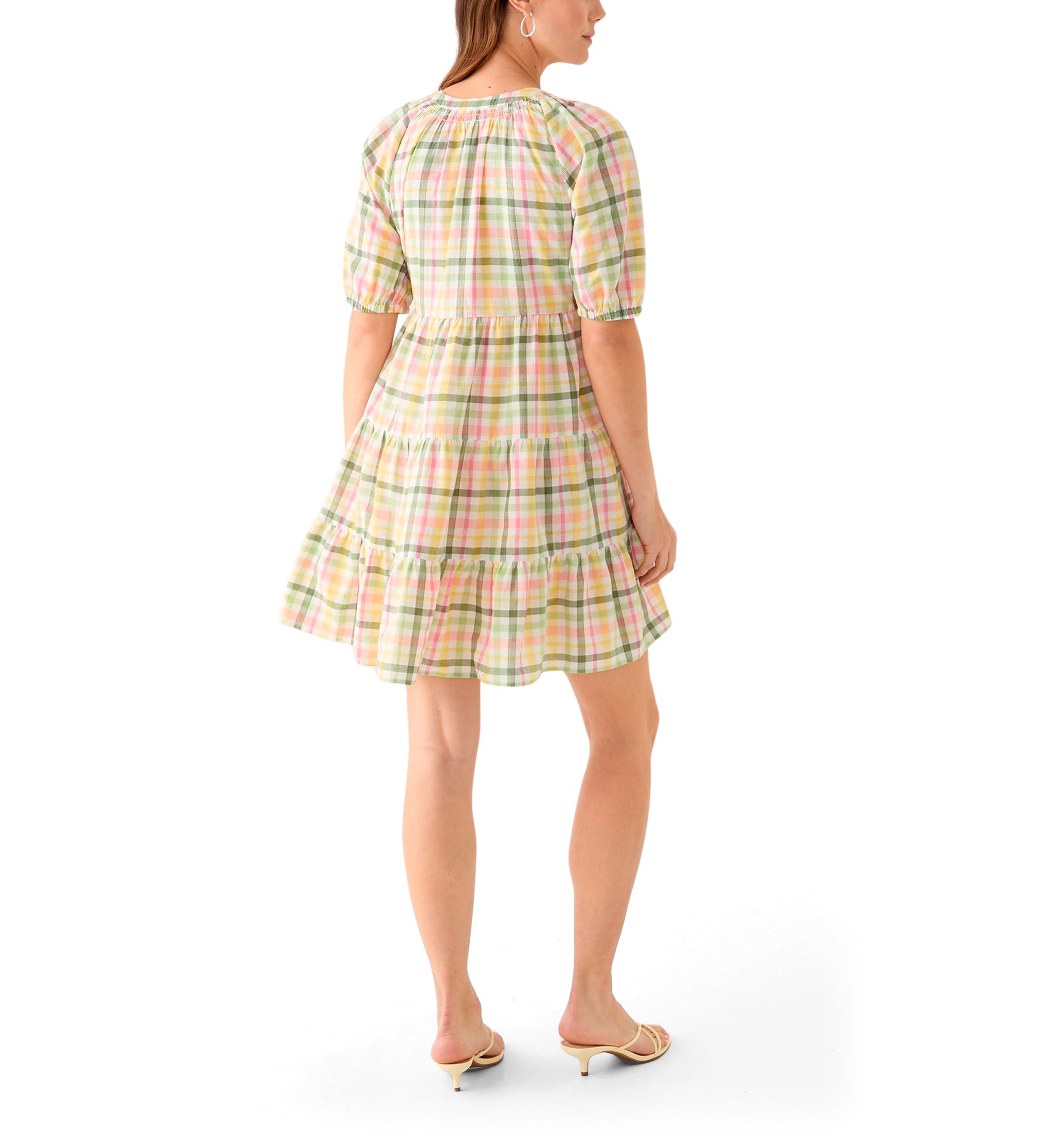 Womens Multi Plaid Printed Peasant Dress