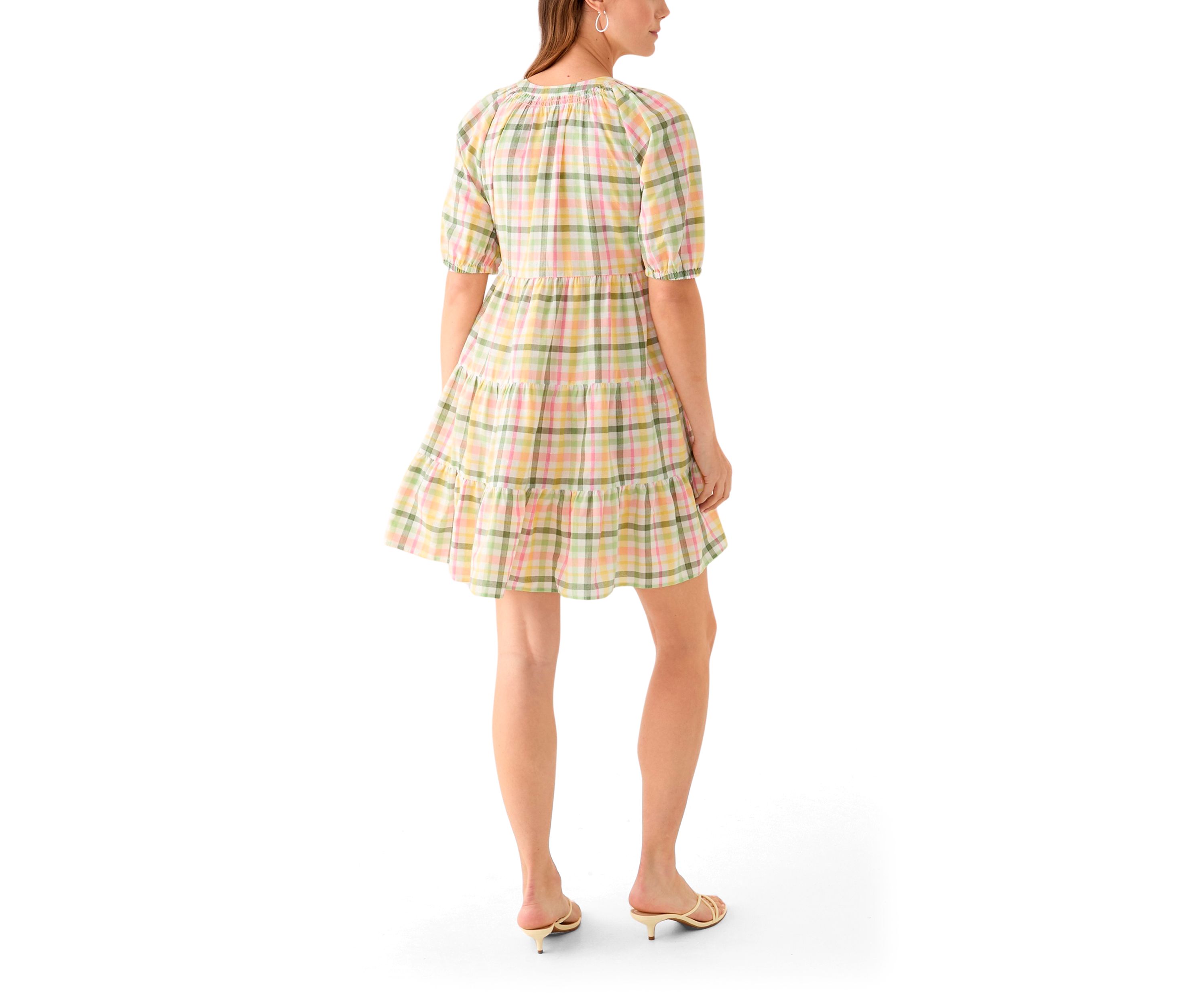 Womens Multi Plaid Printed Peasant Dress