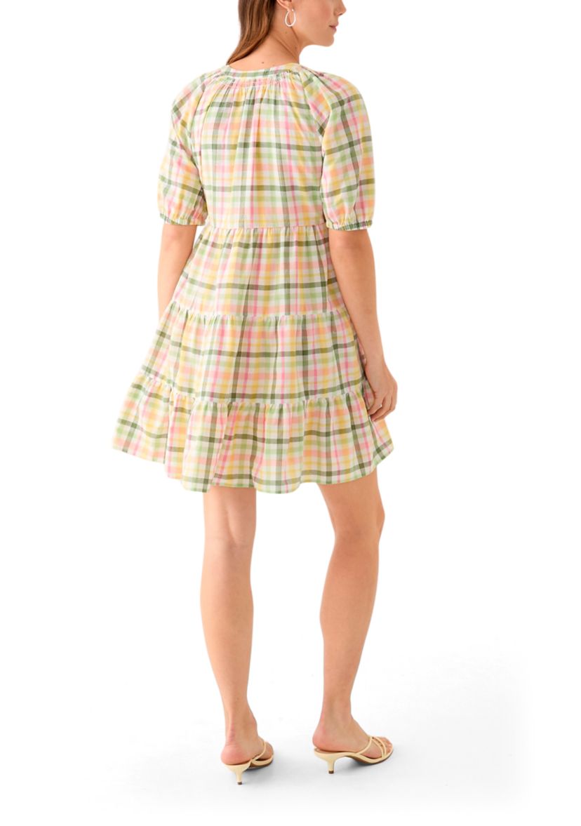 Womens Multi Plaid Printed Peasant Dress