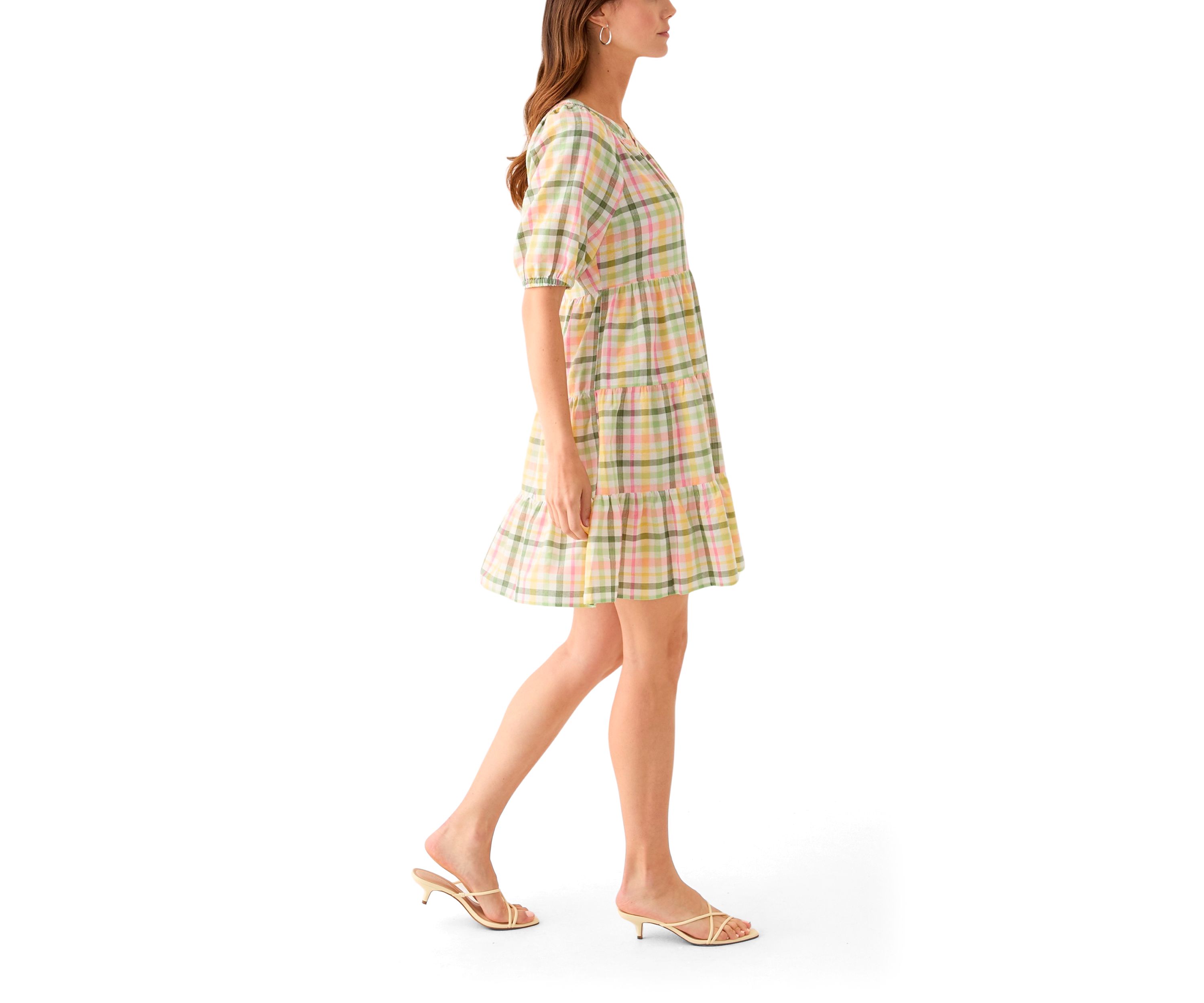 Womens Multi Plaid Printed Peasant Dress
