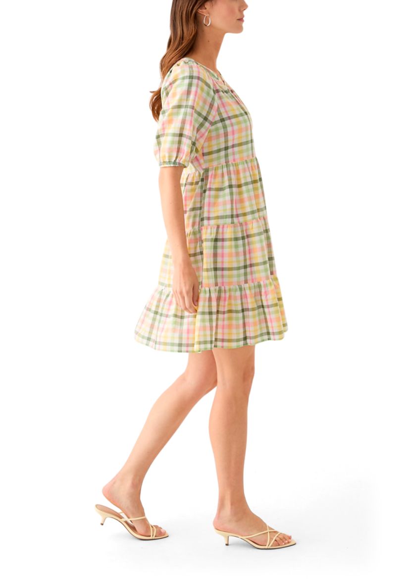 Womens Multi Plaid Printed Peasant Dress