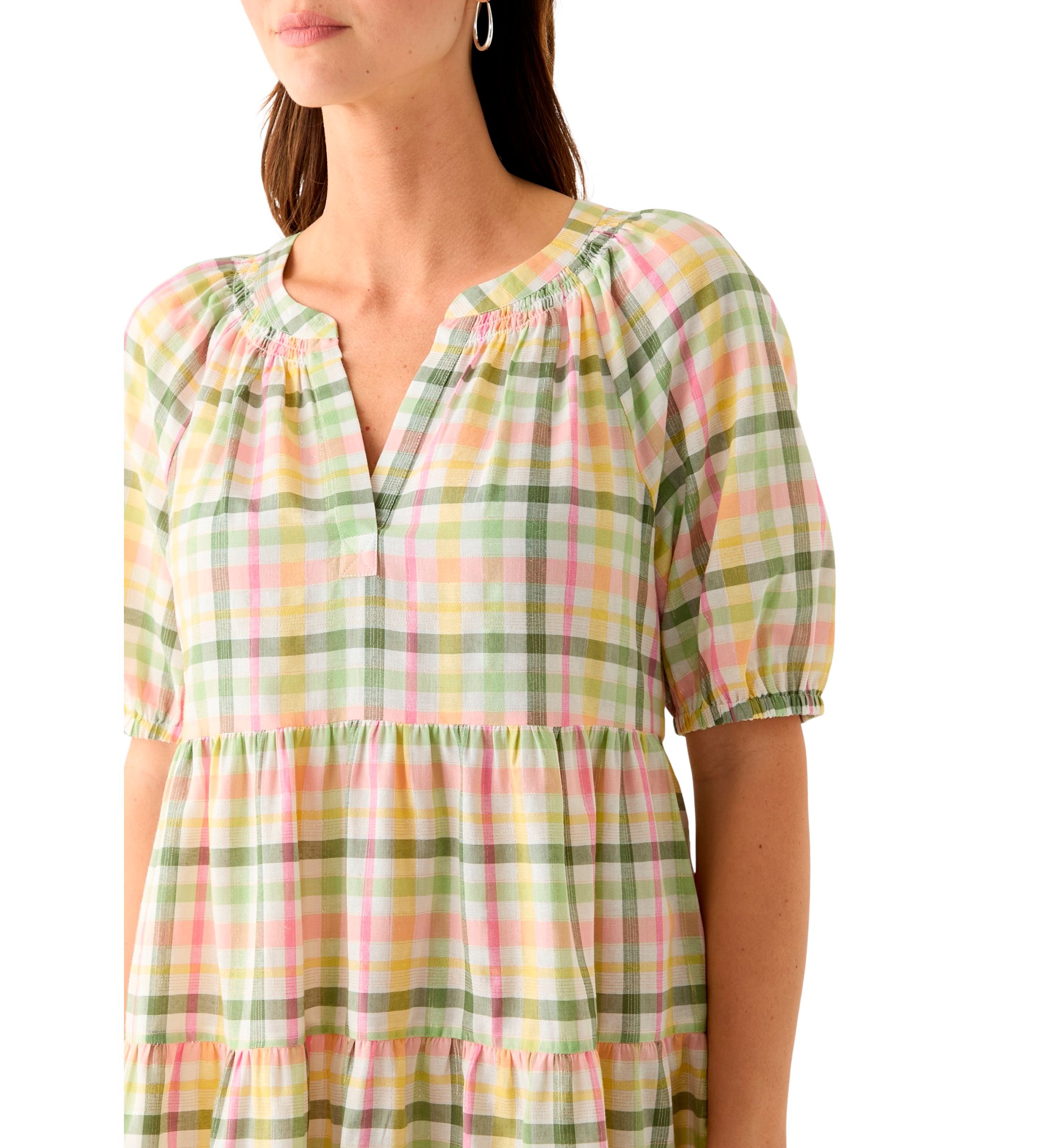 Womens Multi Plaid Printed Peasant Dress