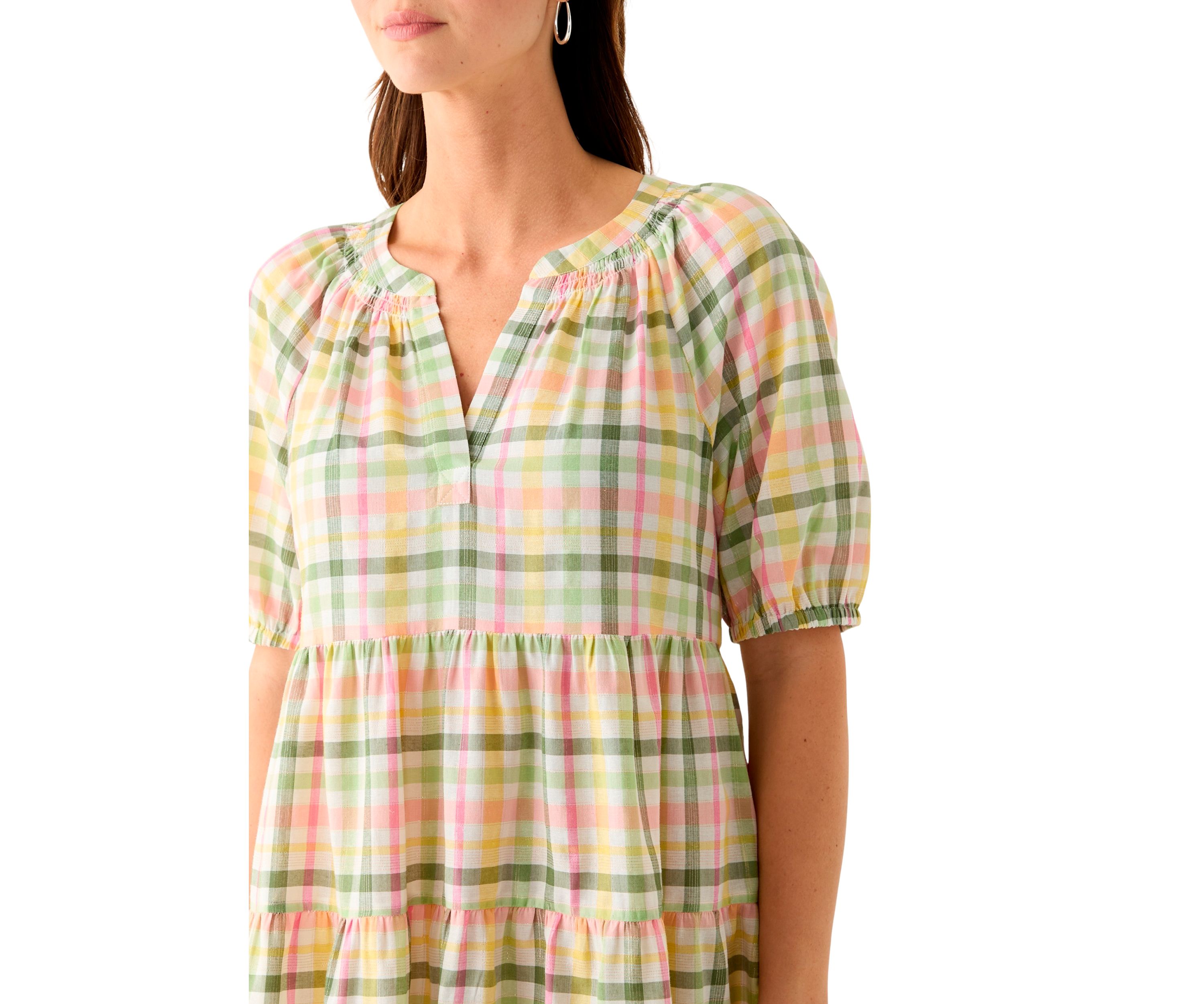 Womens Multi Plaid Printed Peasant Dress