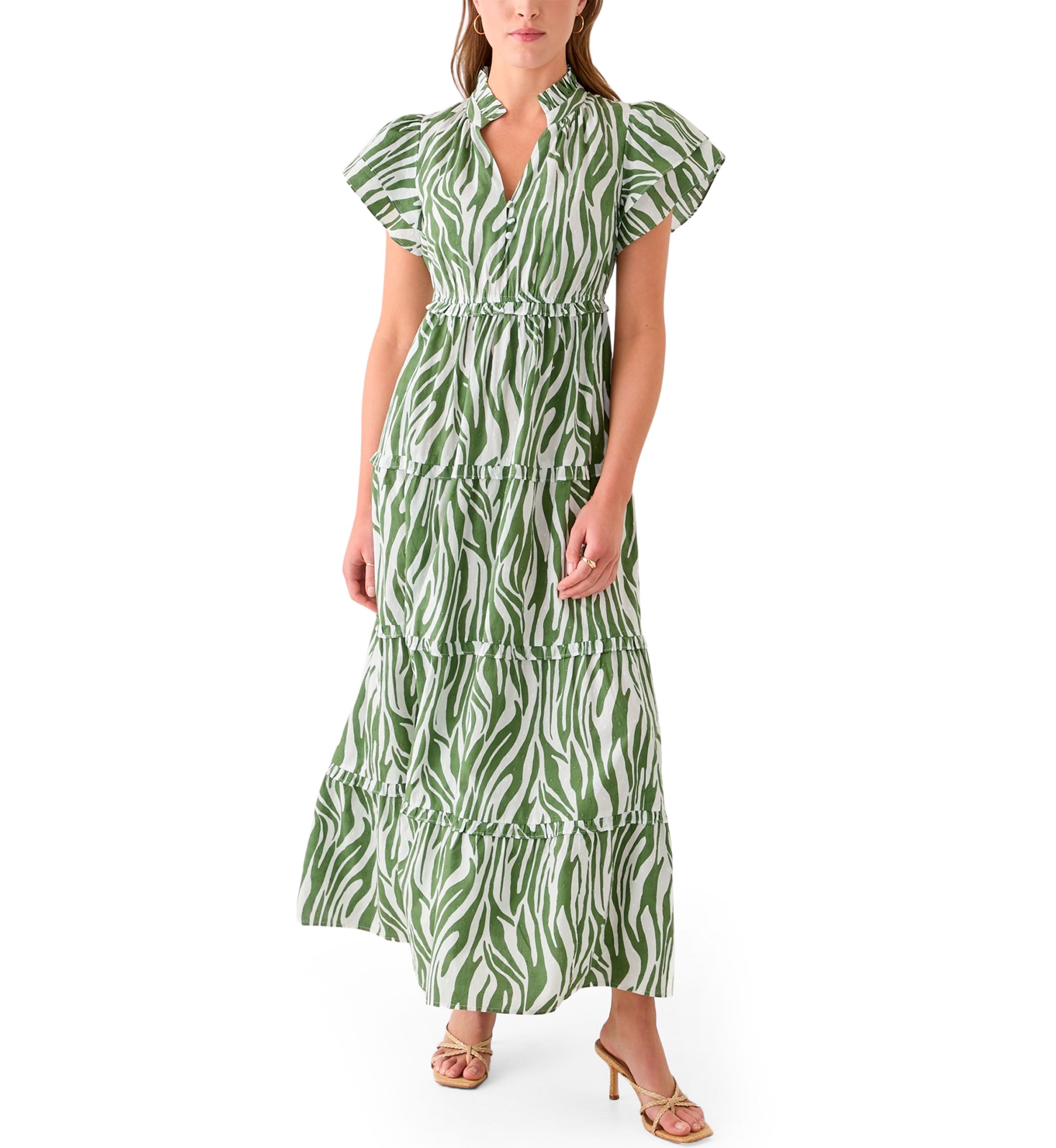Womens Printed Flutter Sleeve Maxi Dress