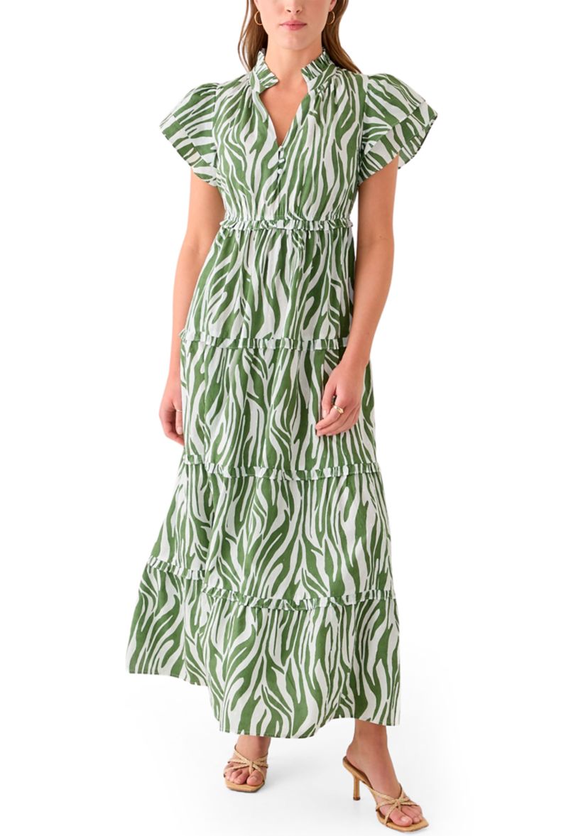 Womens Printed Flutter Sleeve Maxi Dress