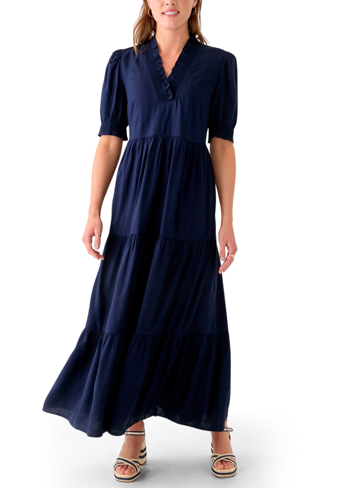 Womens Smocked Ruffle Neck Dress