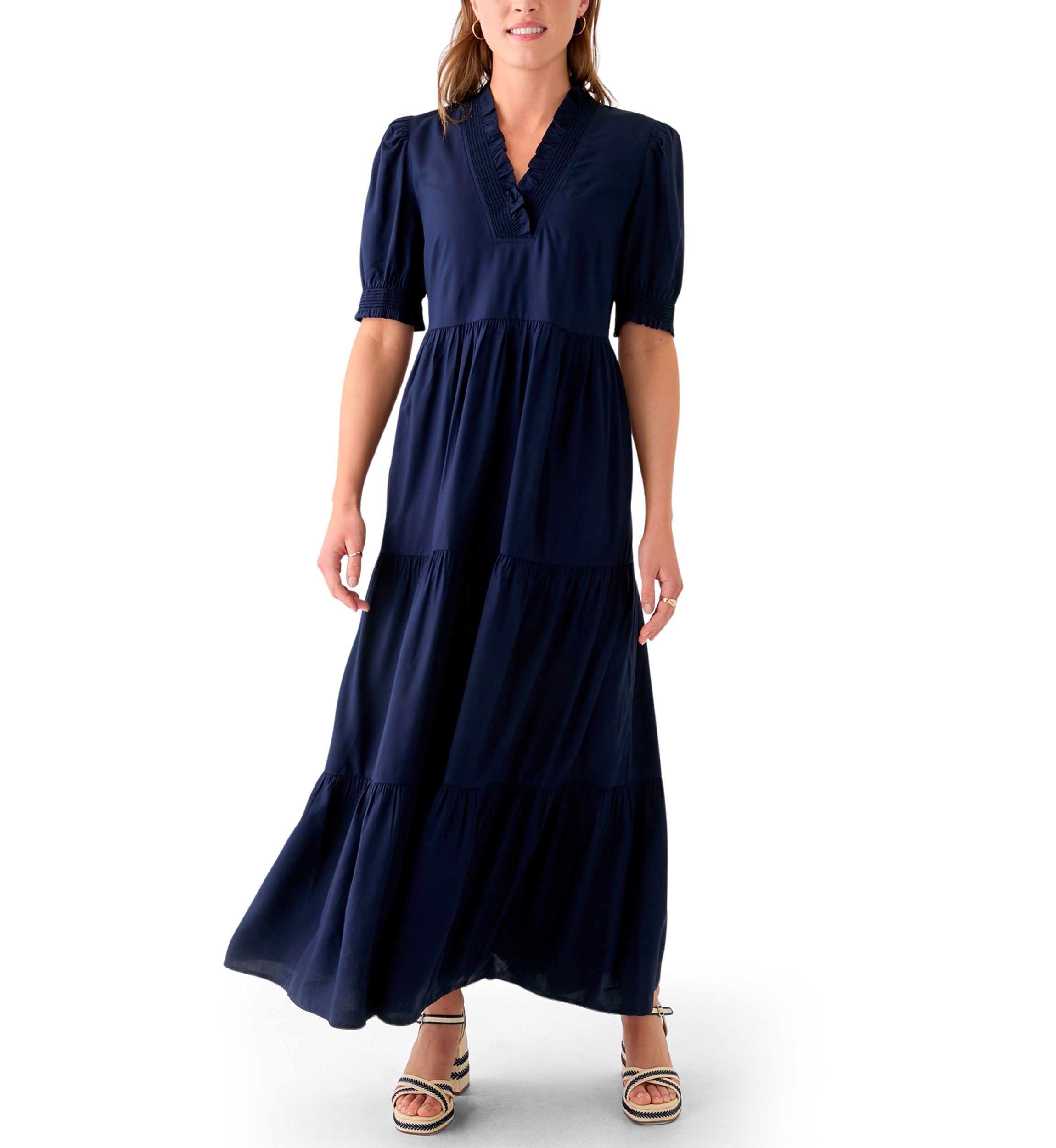 Womens Smocked Ruffle Neck Dress