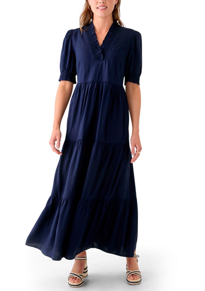 Womens Smocked Ruffle Neck Dress