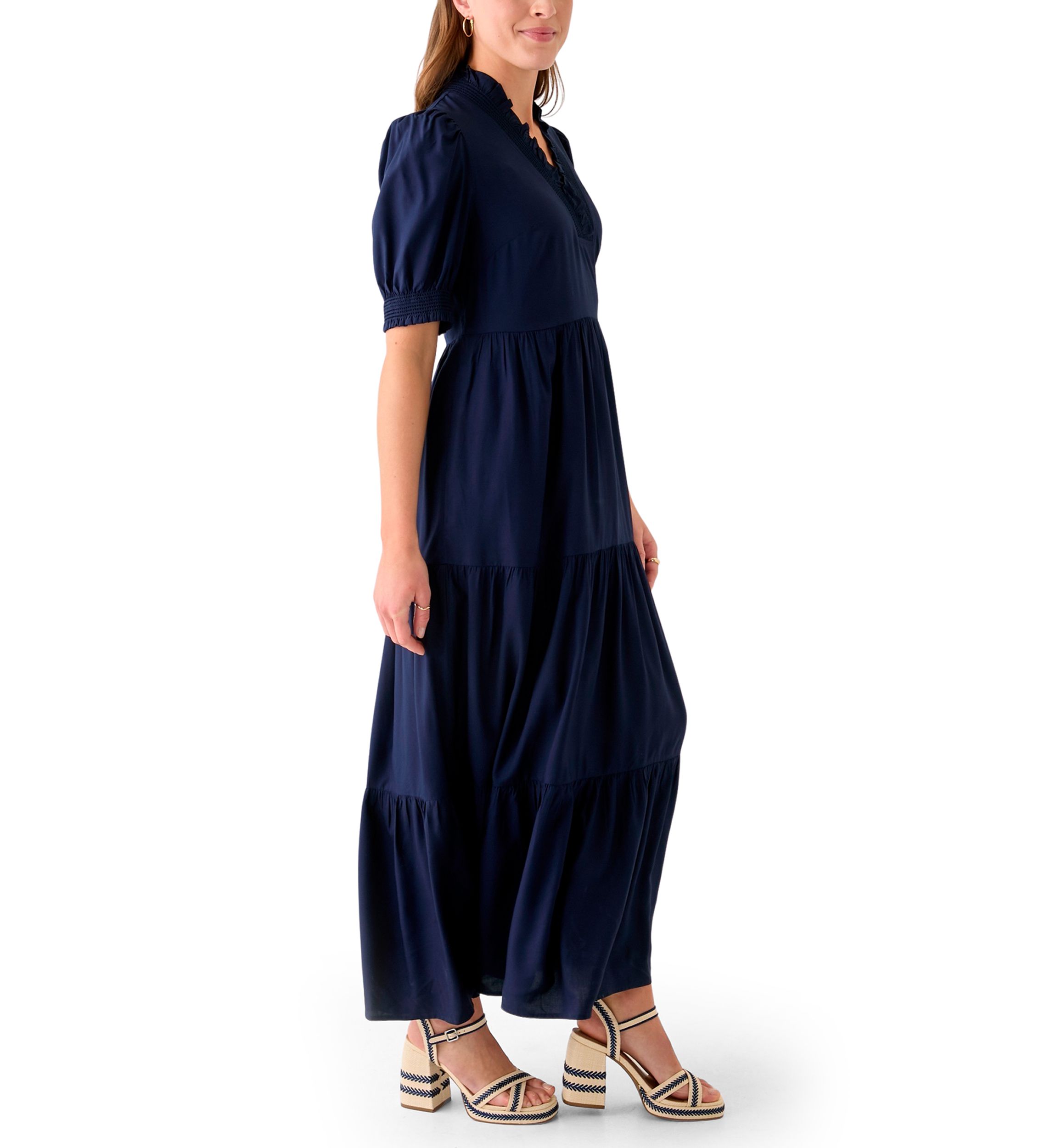 Womens Smocked Ruffle Neck Dress