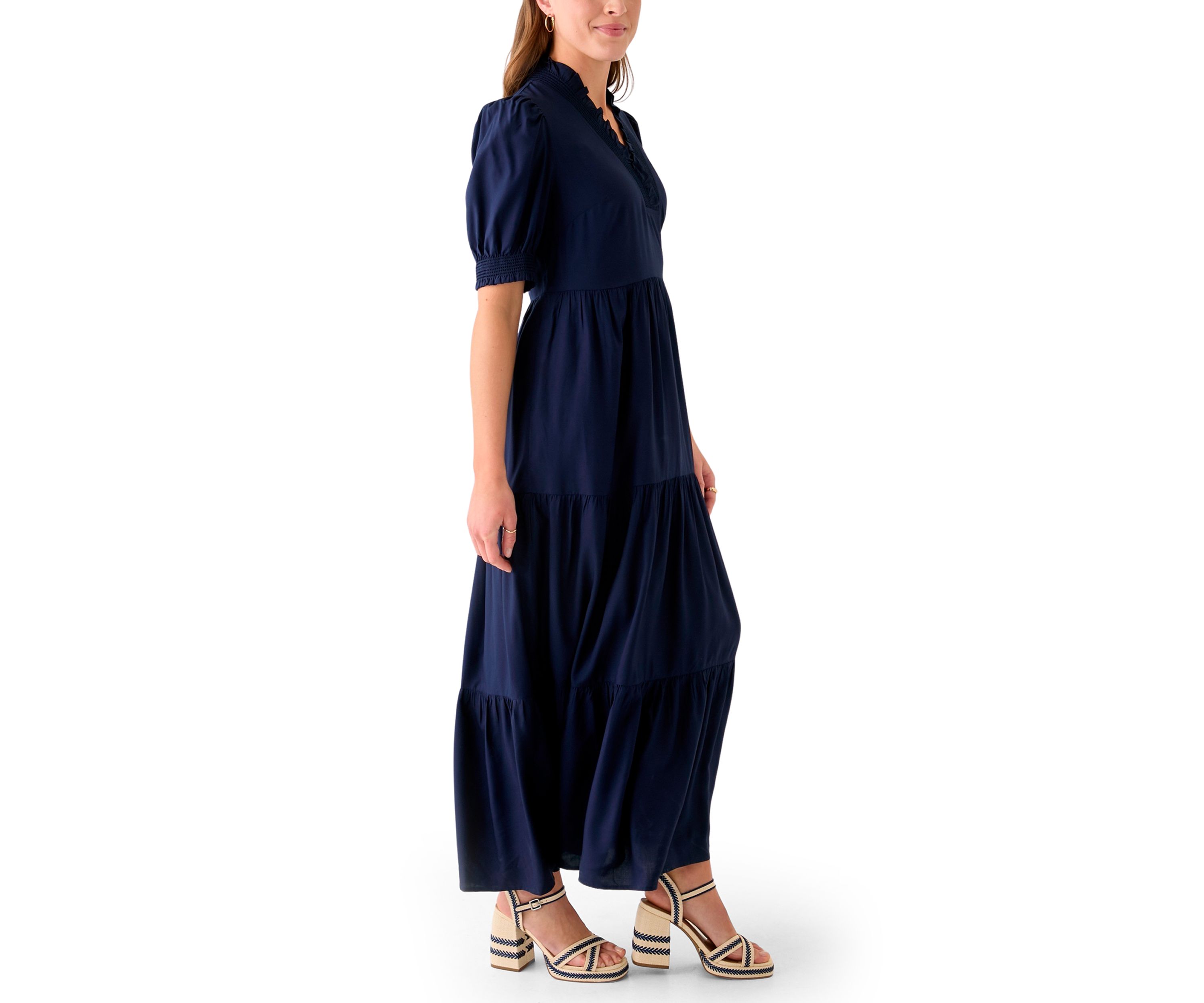 Womens Smocked Ruffle Neck Dress