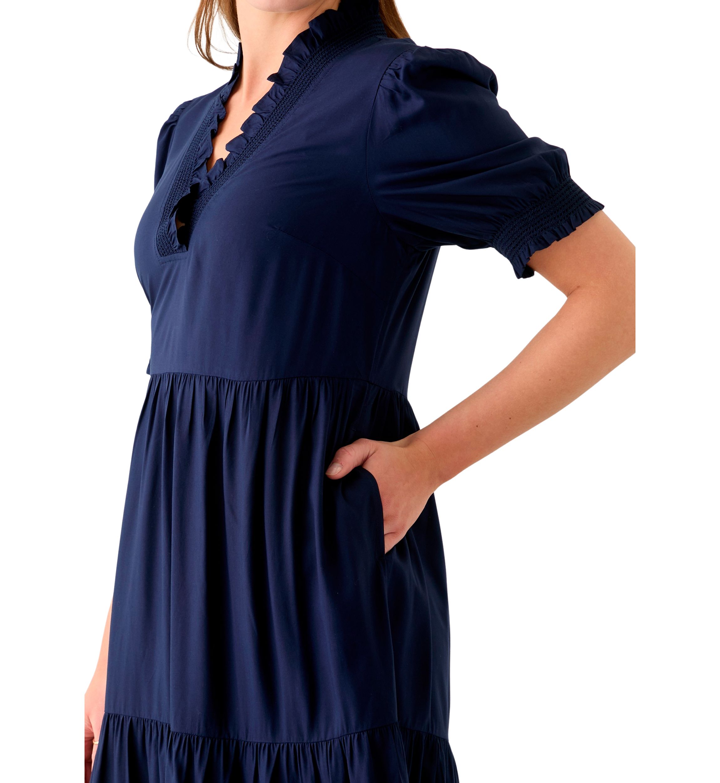 Womens Smocked Ruffle Neck Dress