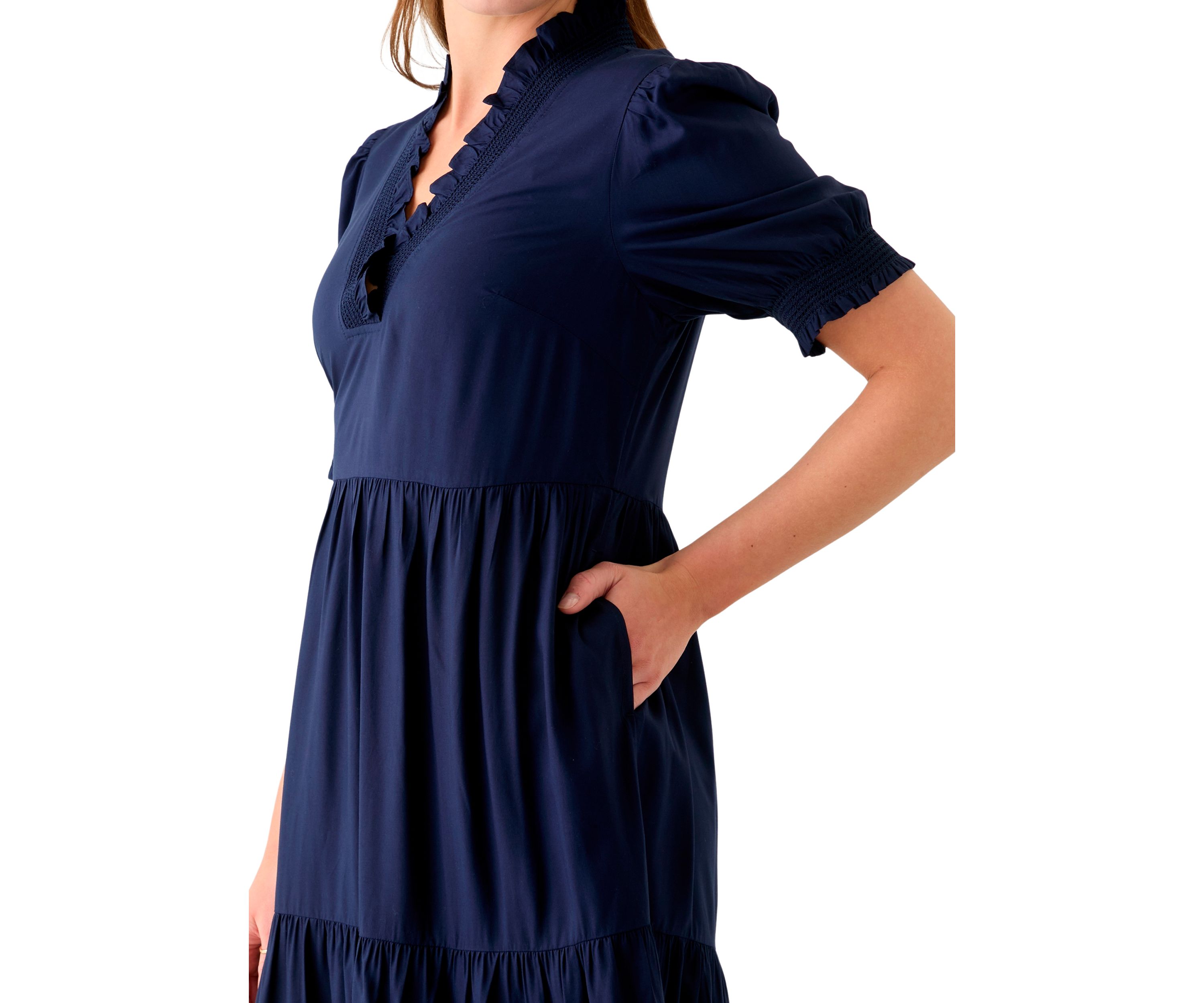 Womens Smocked Ruffle Neck Dress