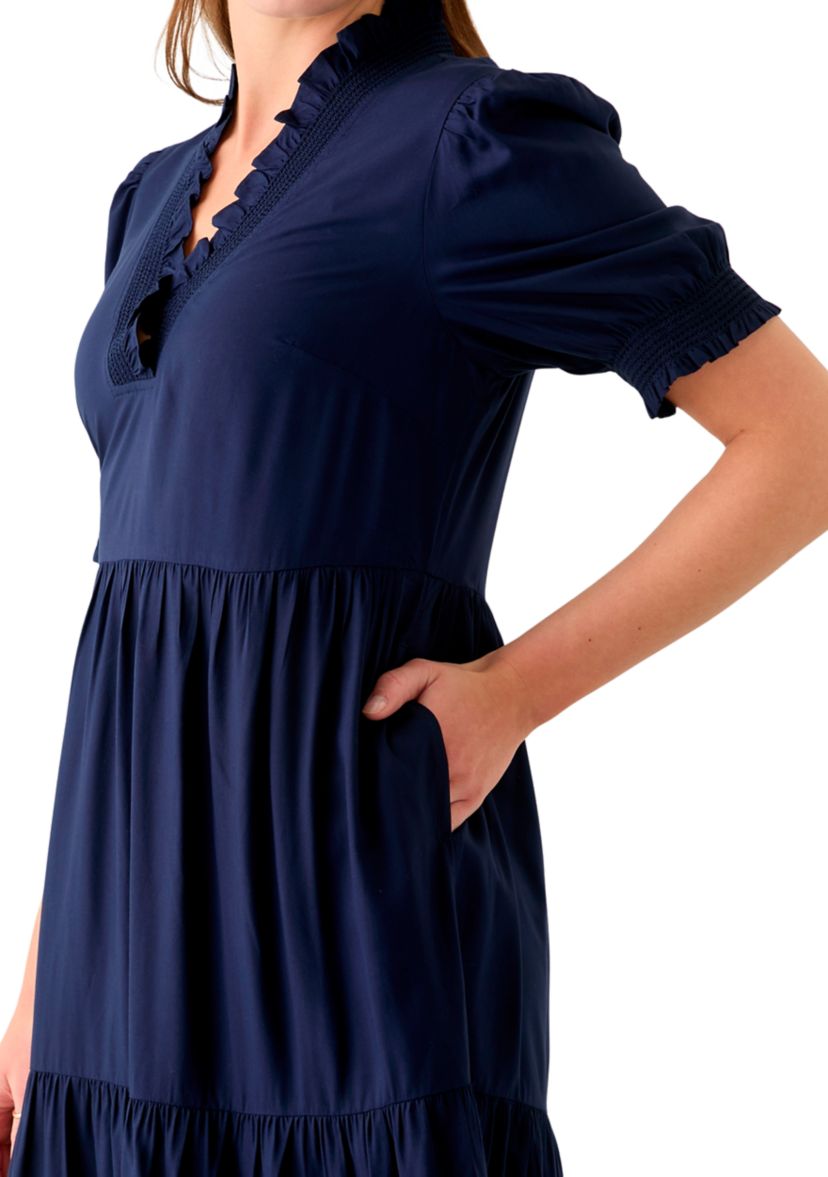 Womens Smocked Ruffle Neck Dress