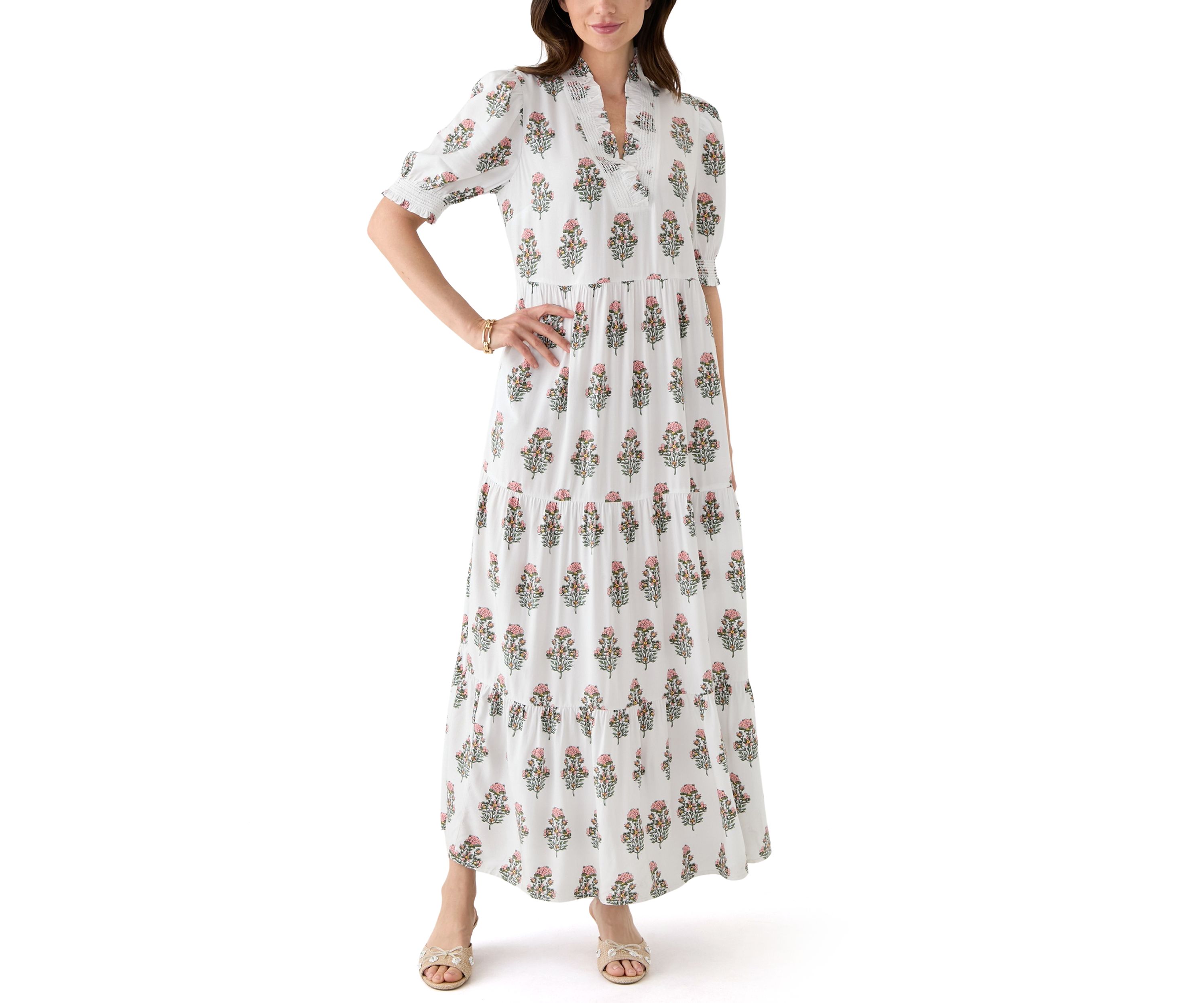 Womens Smocked Ruffle Printed Dress