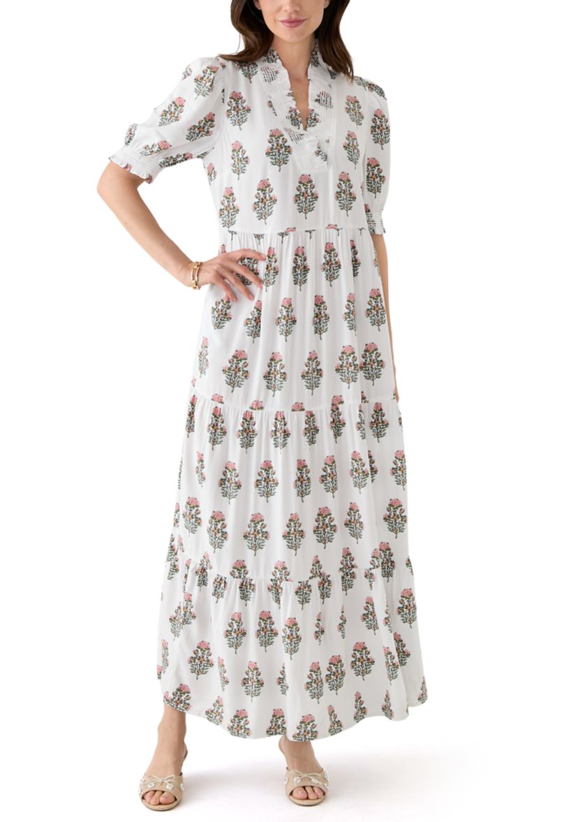 Womens Smocked Ruffle Printed Dress