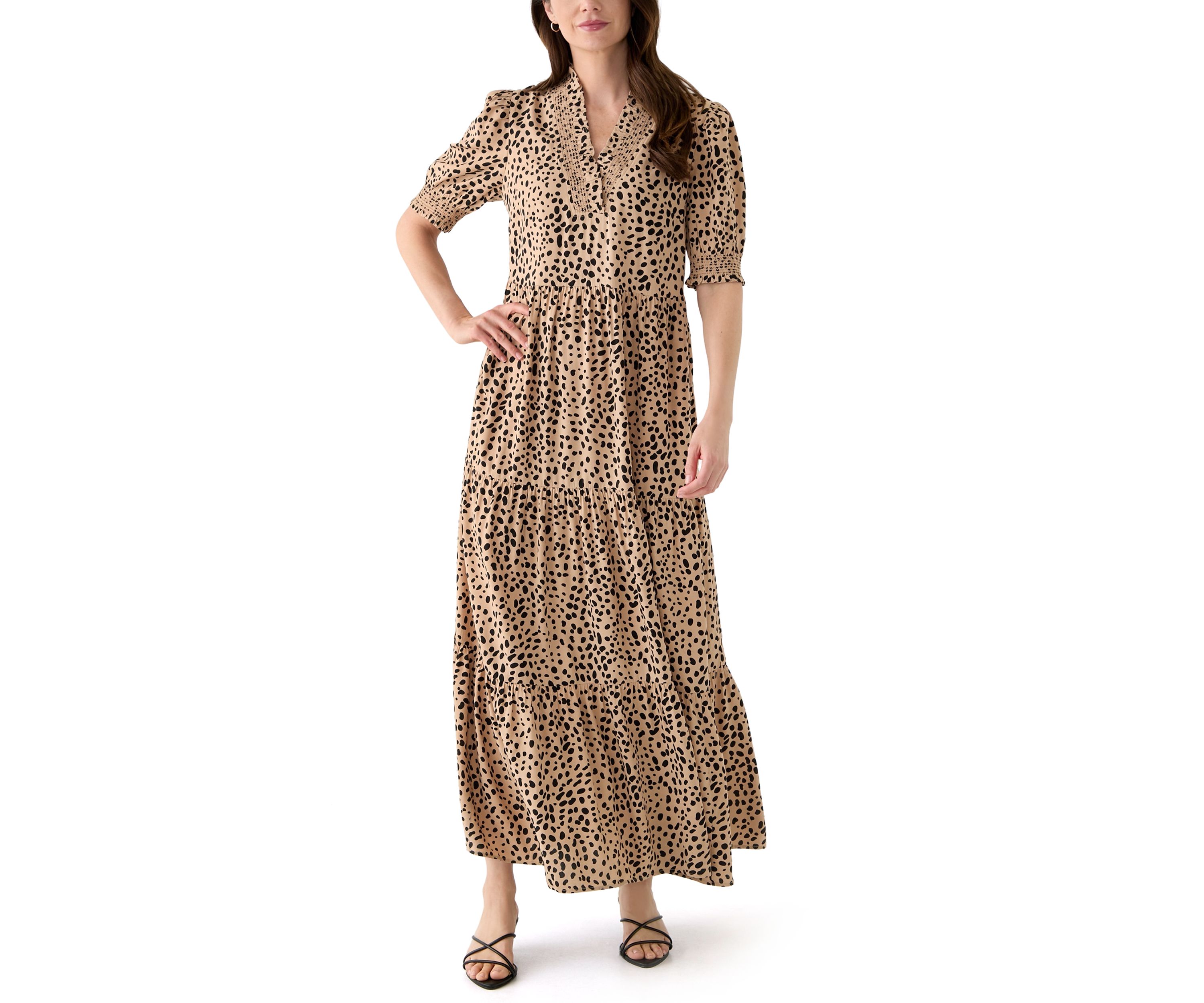 Womens Smocked Ruffle Printed Dress