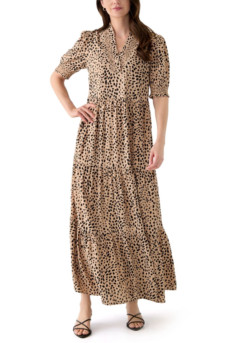 Womens Smocked Ruffle Printed Dress