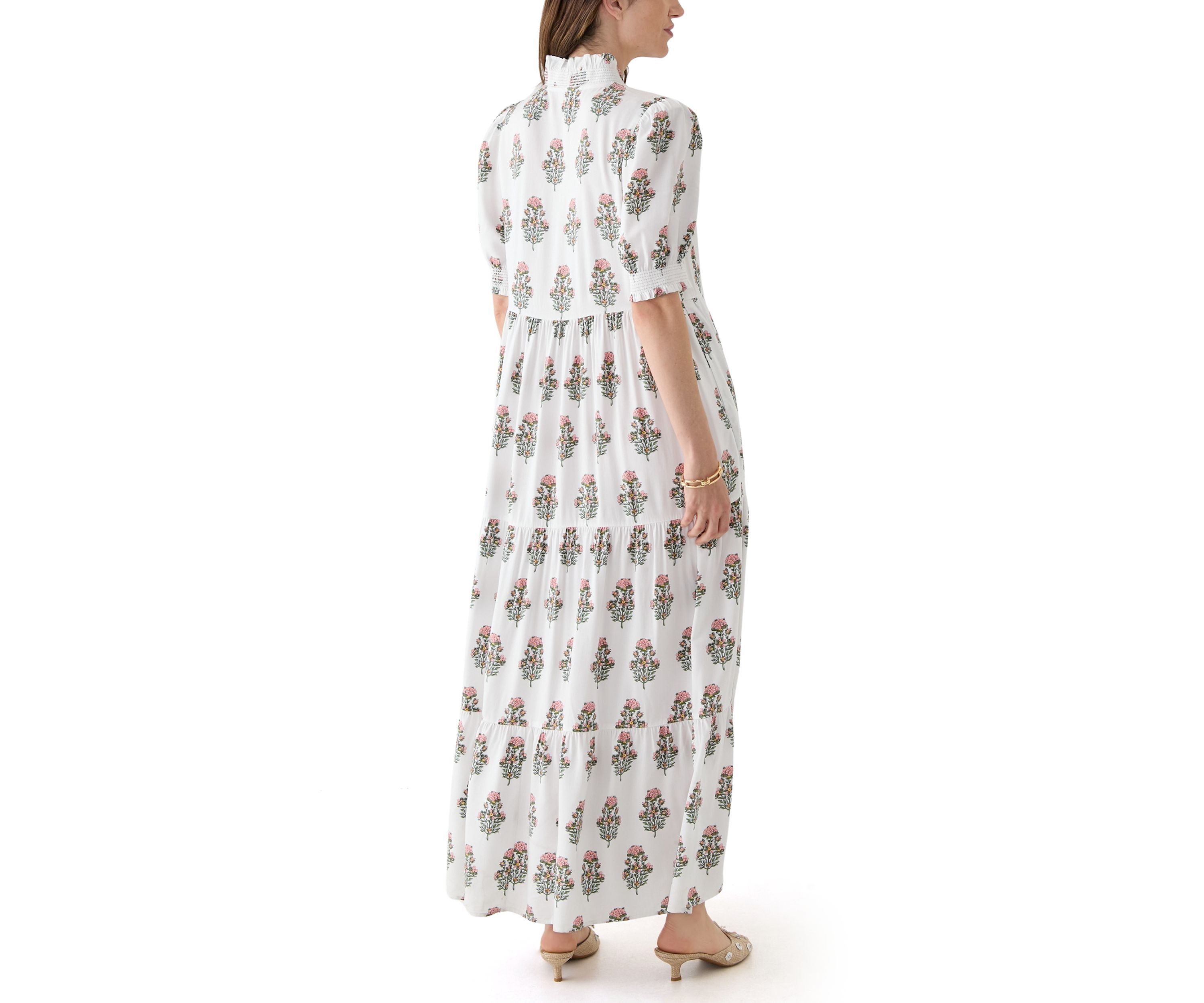 Womens Smocked Ruffle Printed Dress