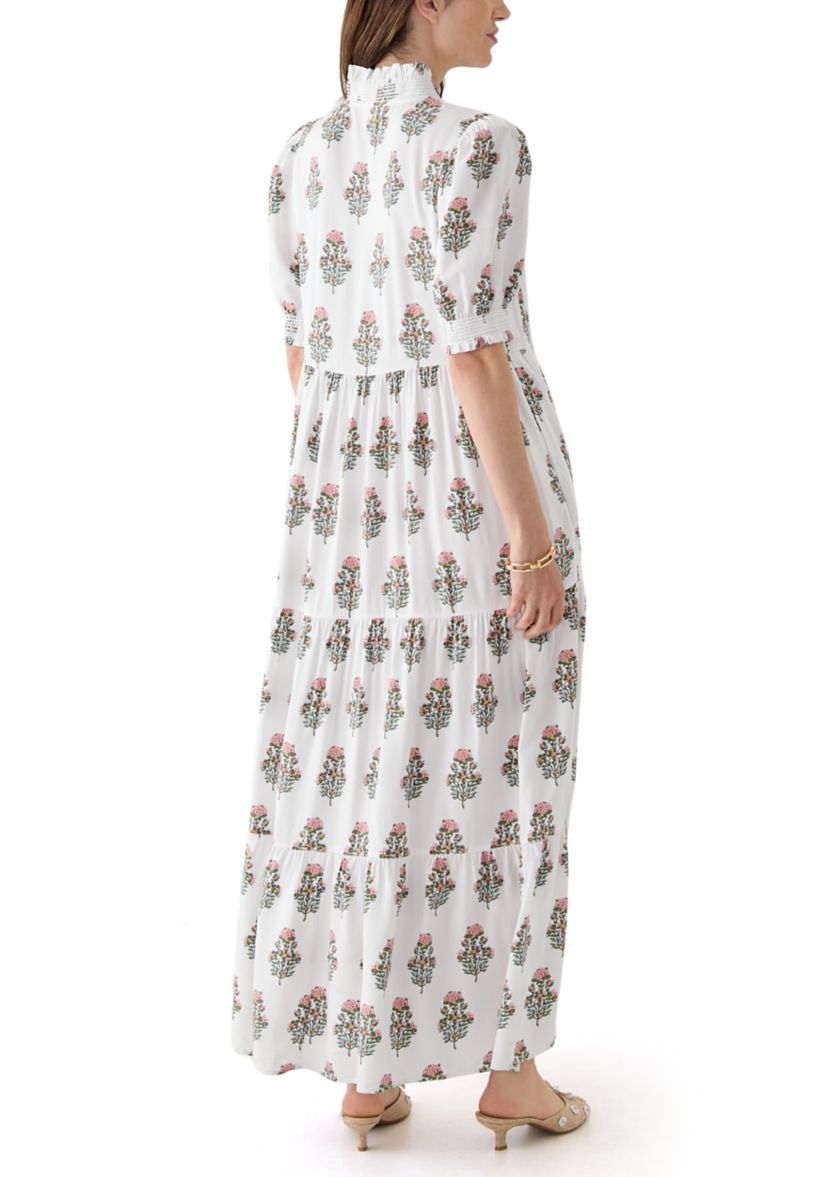 Womens Smocked Ruffle Printed Dress