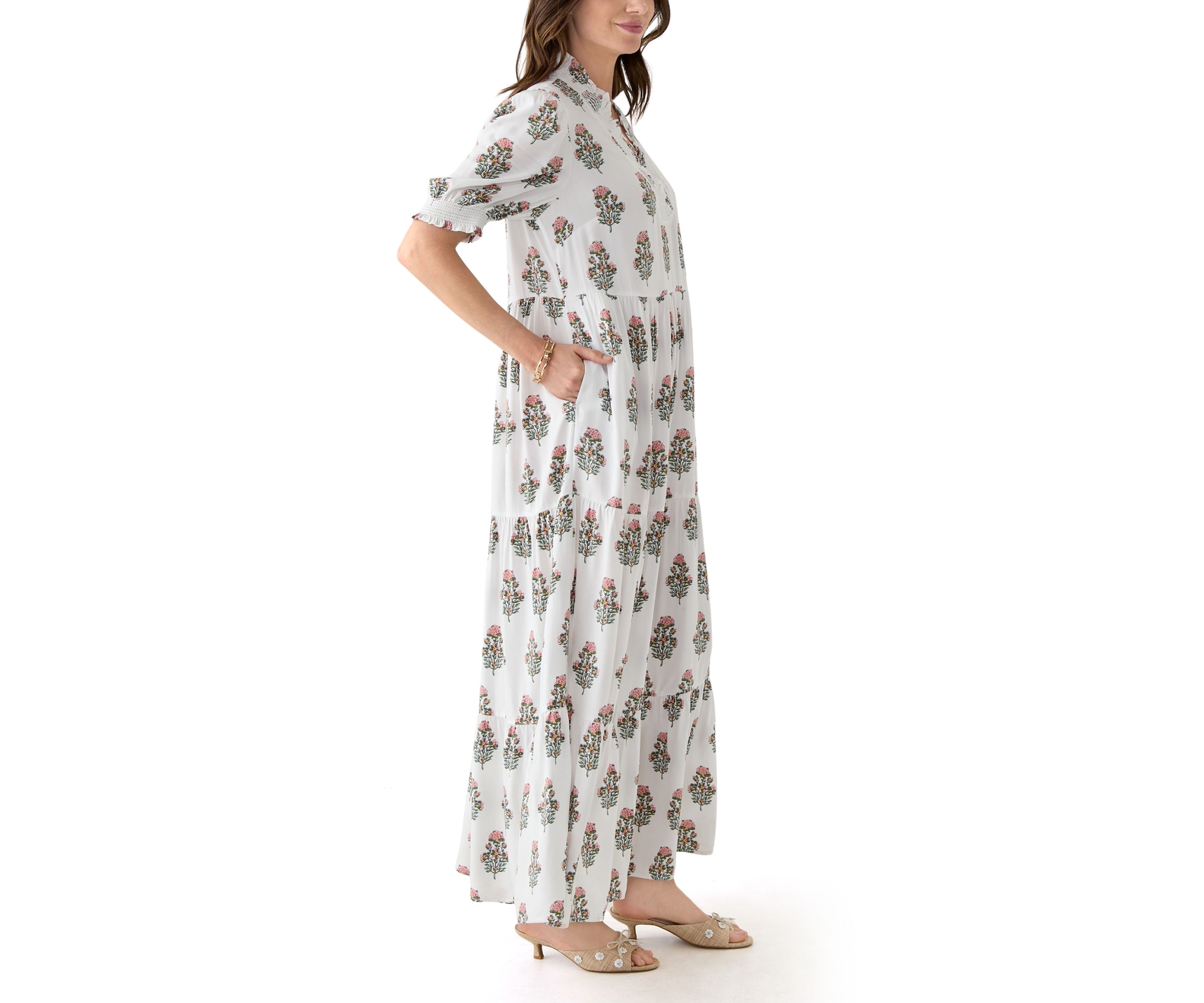 Womens Smocked Ruffle Printed Dress