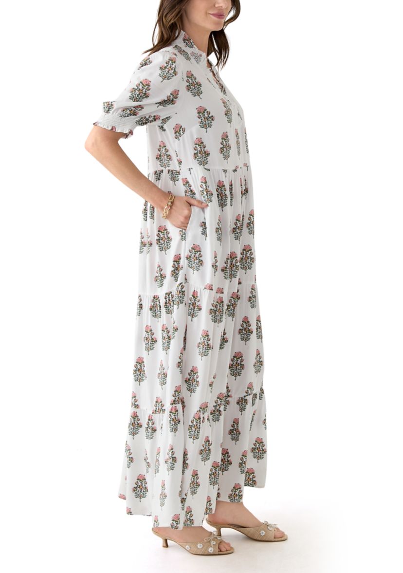 Womens Smocked Ruffle Printed Dress