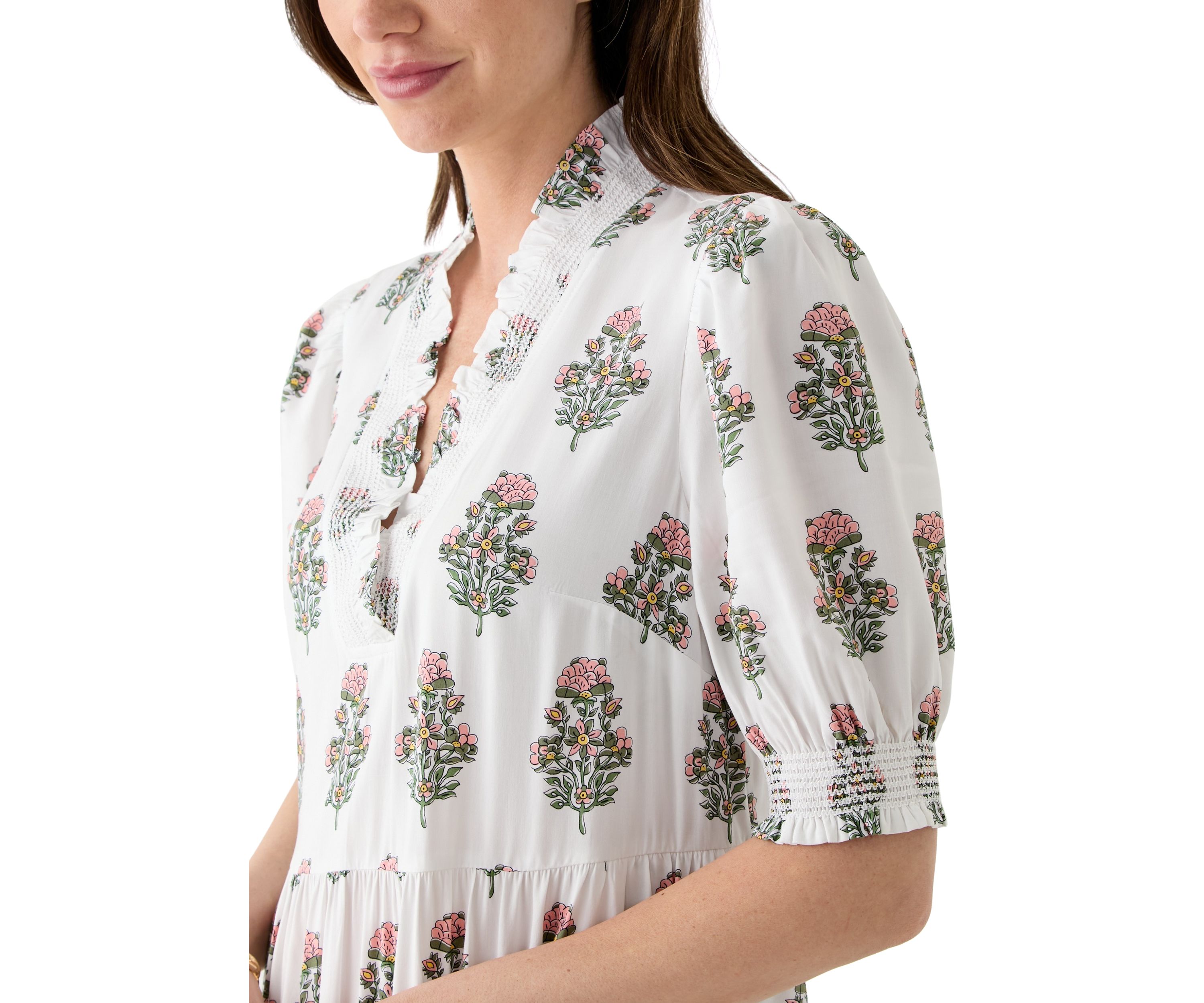 Womens Smocked Ruffle Printed Dress