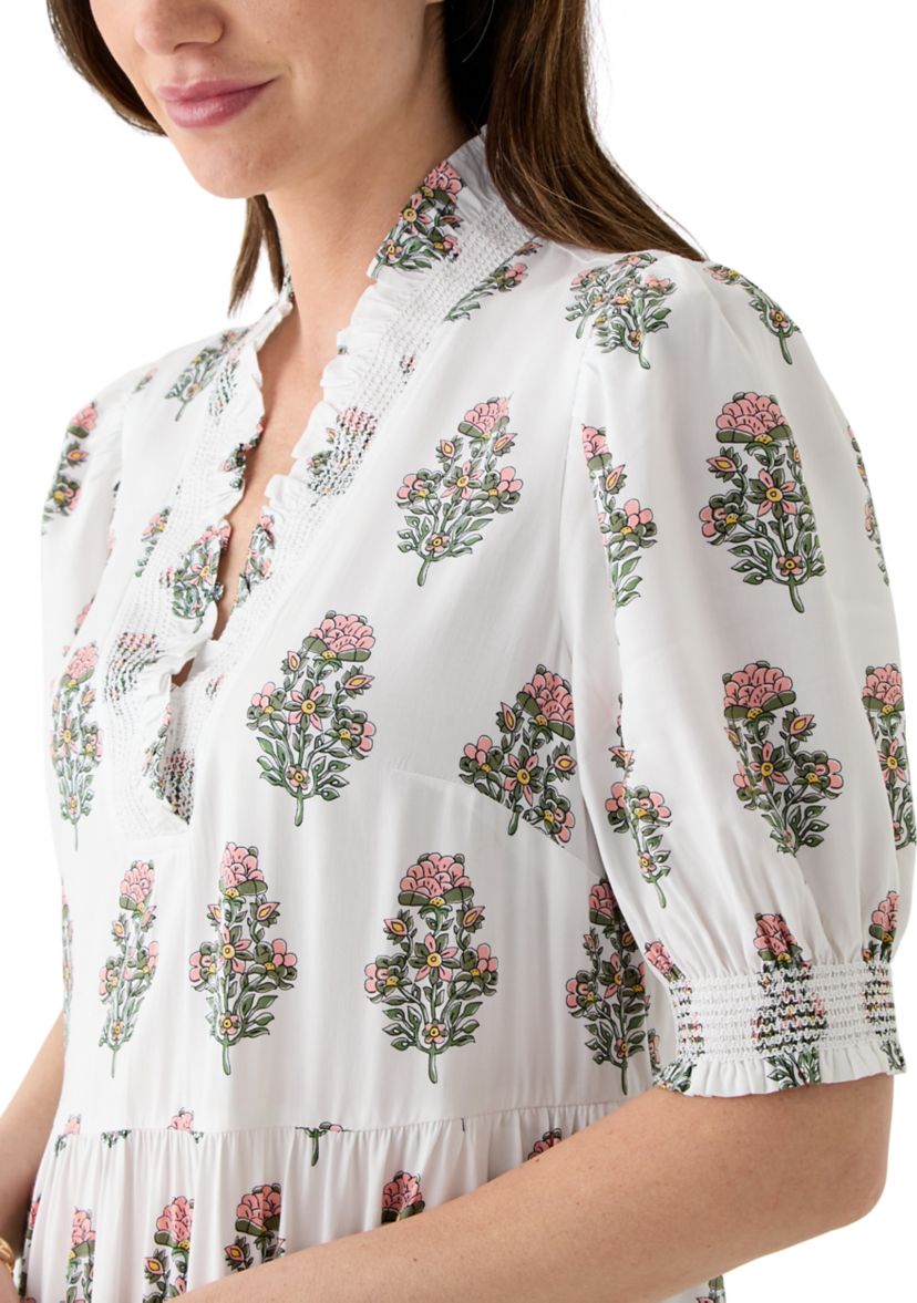 Womens Smocked Ruffle Printed Dress