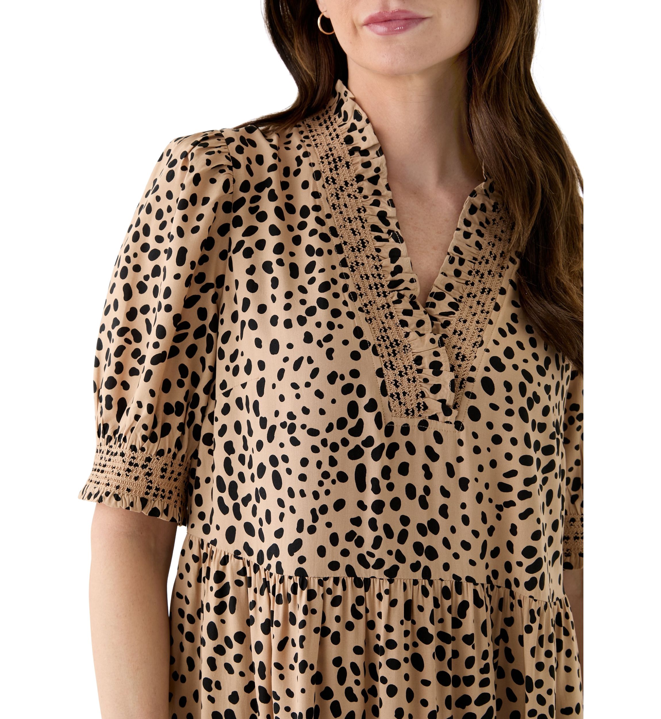 Womens Smocked Ruffle Printed Dress