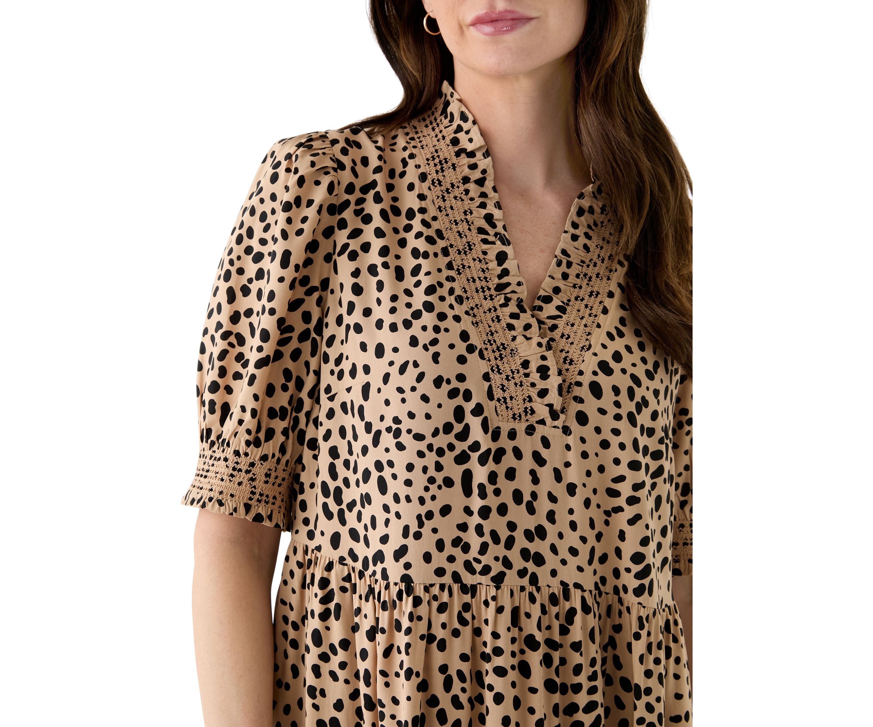 Womens Smocked Ruffle Printed Dress
